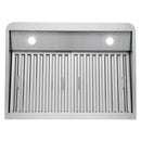 Stainless steel range hood underside showing baffle filter rows and two circular light openings