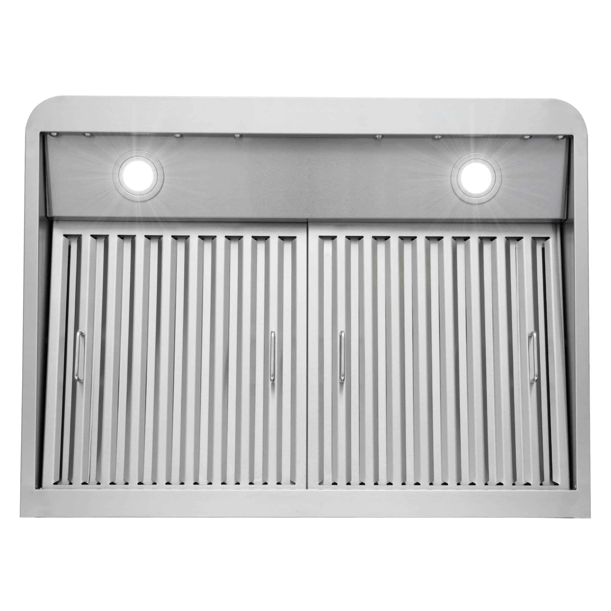 Range hood filter cover with inner grille and two circular fan openings