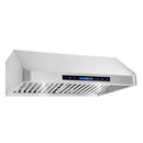 Stainless steel ducted range hood angled view with front digital control panel and baffle filters