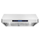 Stainless steel under-cabinet range hood front view with digital control panel and baffle filters
