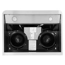 Stainless steel range hood interior with two cooling fans and top light housings