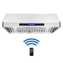 Stainless steel range hood with digital control panel, baffle filters, and remote control shown