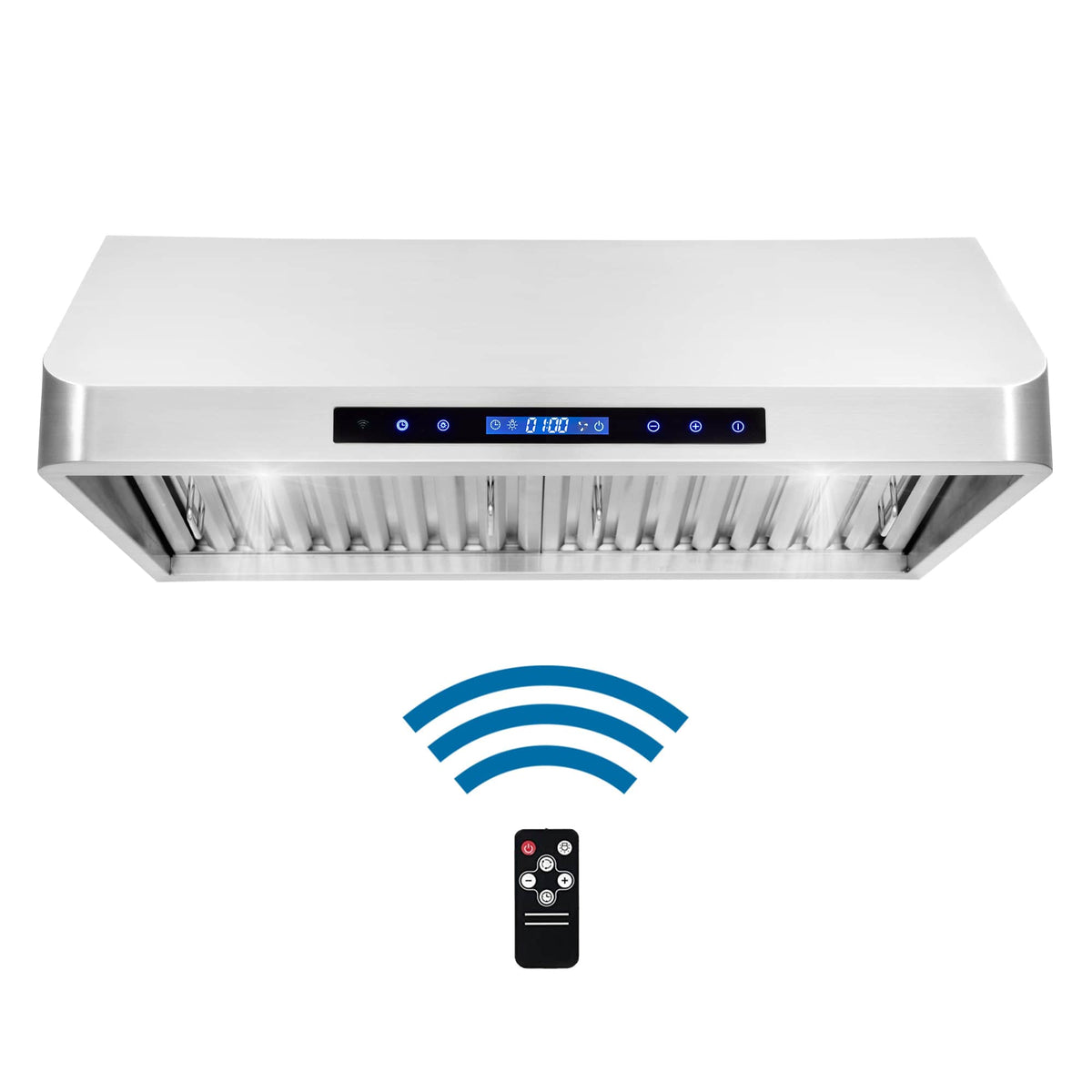 Stainless steel range hood with Wi-Fi icon and included remote