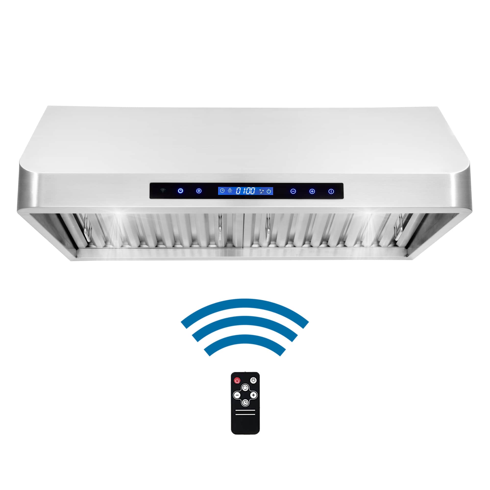 Stainless steel under-cabinet range hood with blue LED controls and remote
