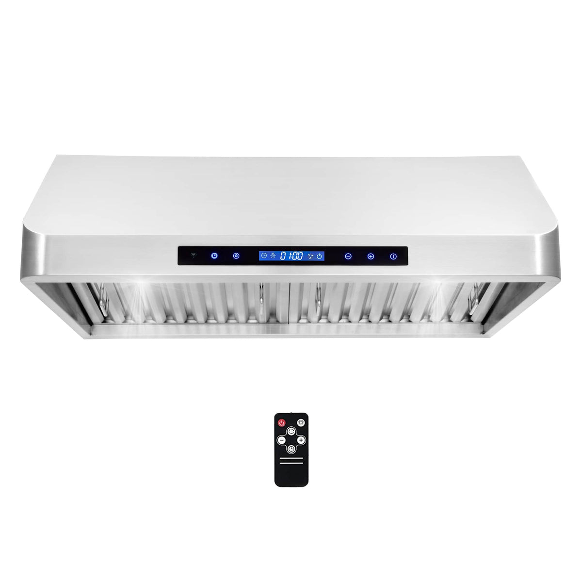 Stainless steel ducted range hood with baffle filters and remote control pictured below
