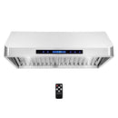 Stainless steel ducted range hood with baffle filters and remote control pictured below