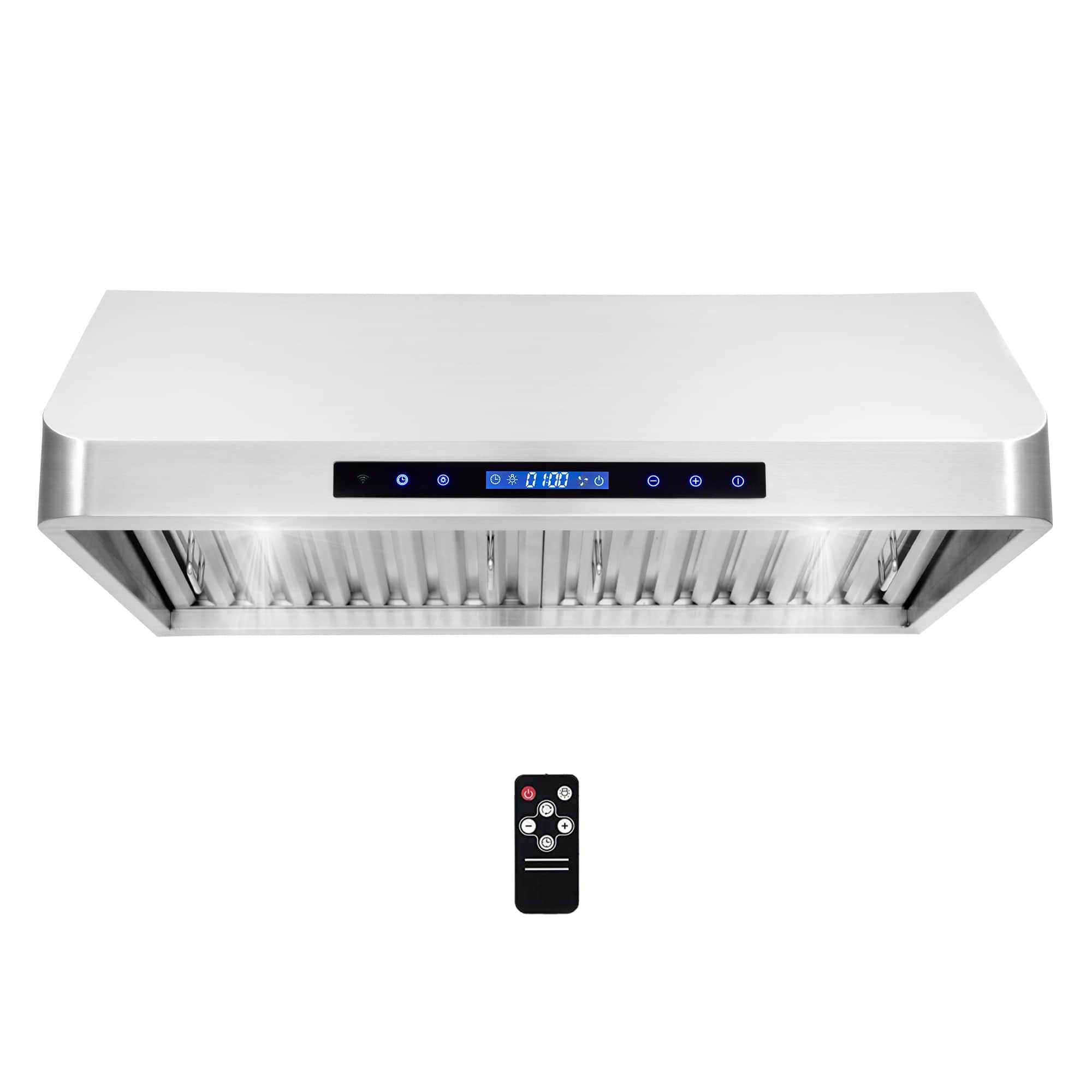 Stainless under-cabinet range hood with blue-lit control strip and remote icon
