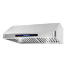 Stainless steel ducted range hood side view with front digital control panel and baffle filters