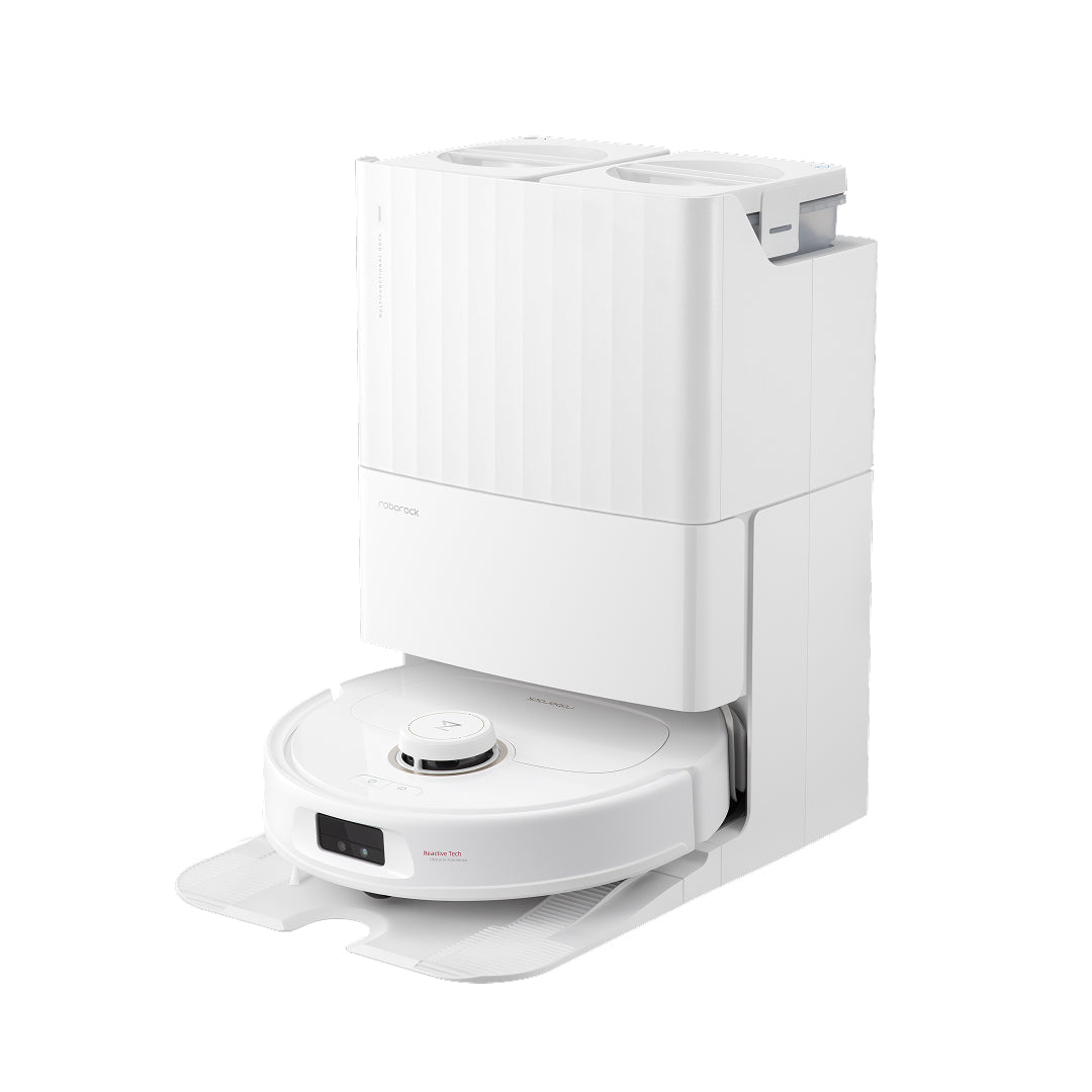 White robotic vacuum with multifunctional charging dock base and upright water module