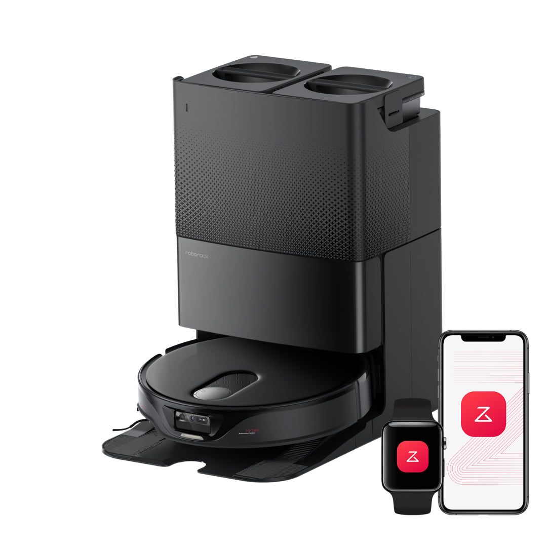 Robot vacuum dock with self-cleaning station, dark gray base and charging robot