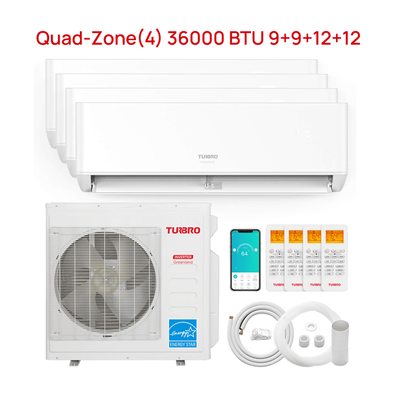 TURBRO Greenland 36,000 BTU Quad-Zone (4) Mini Split Air Conditioner with Heat Pump and 16 Ft. Line Set