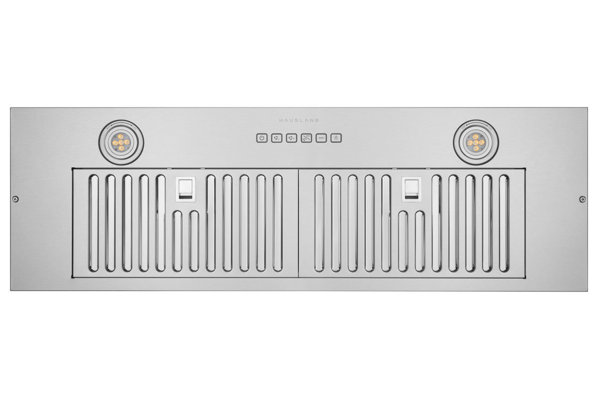 Stainless steel recessed range hood insert with twin fan lights and vent slots