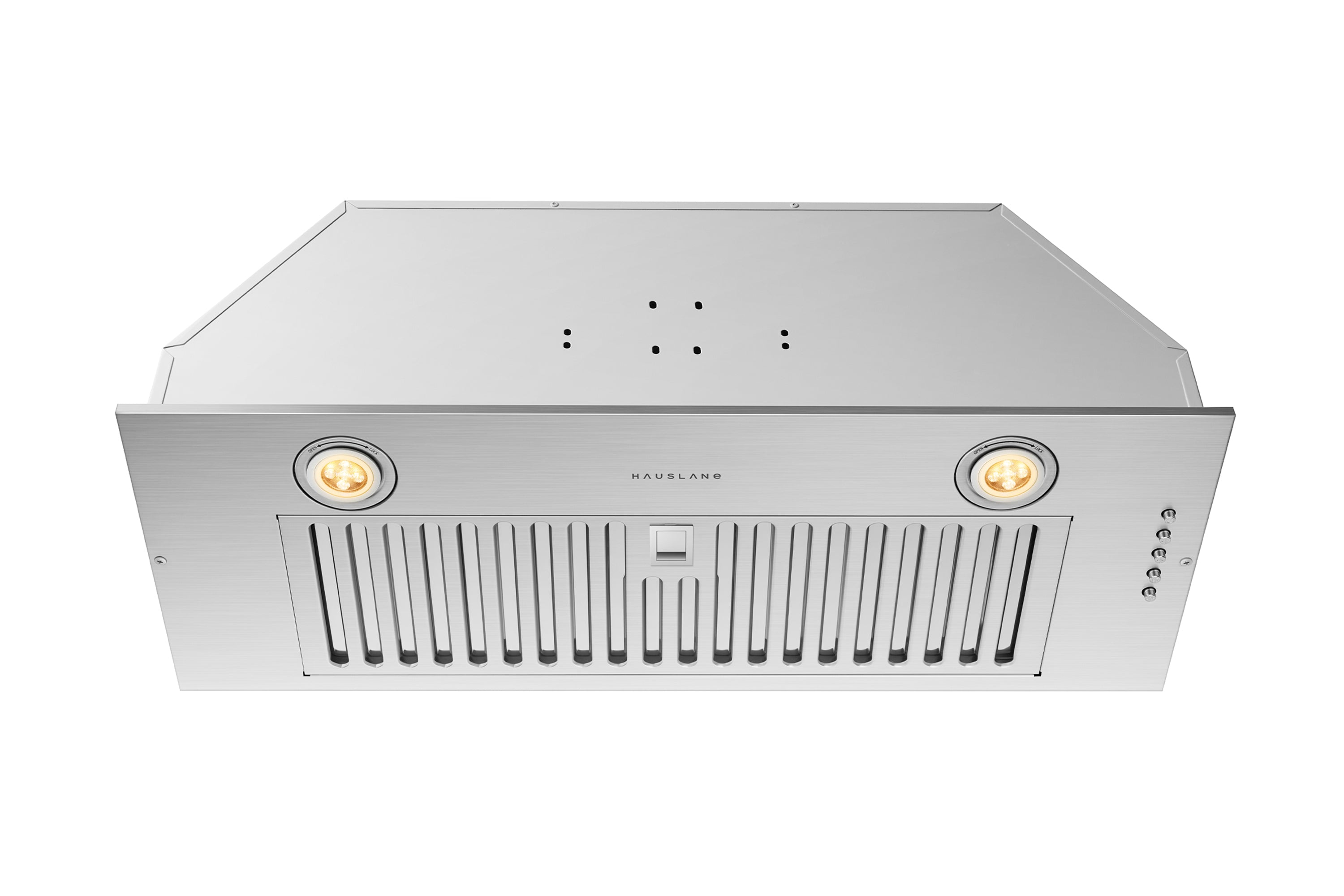 Stainless steel range hood insert underside with vent grille and 3 fan light bulbs