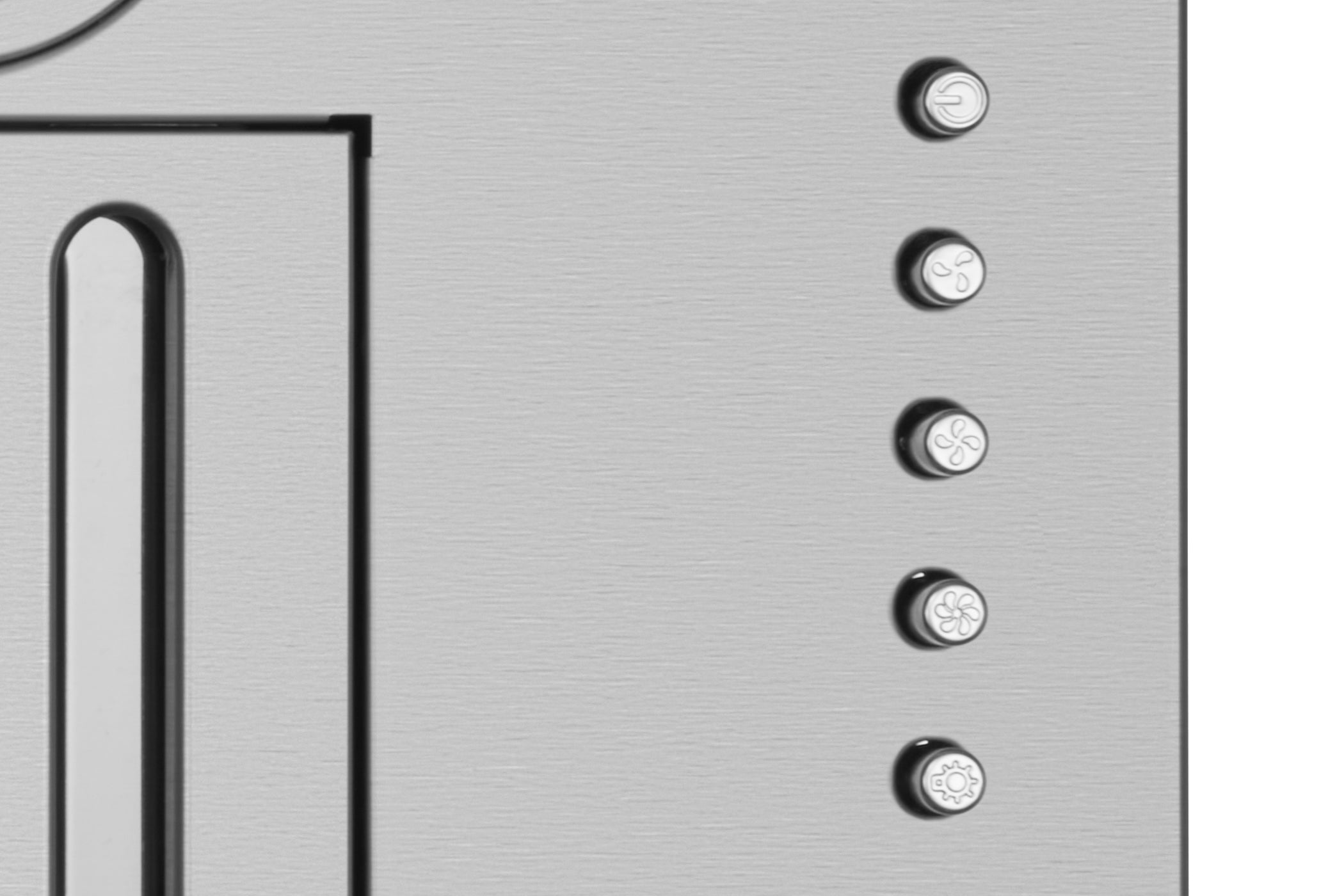 Stainless steel range hood control panel with round fan speed buttons