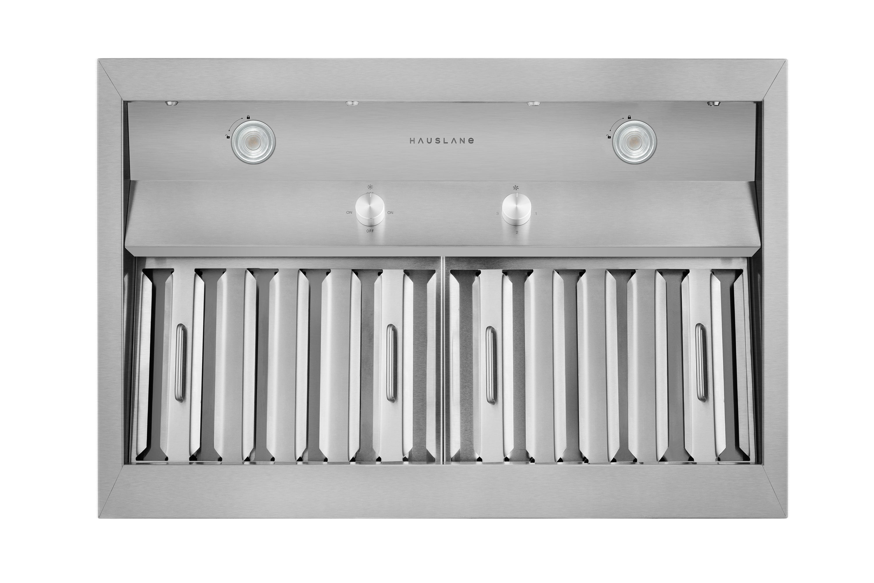Stainless steel built-in range hood insert with front vent louvers and two light bulbs.