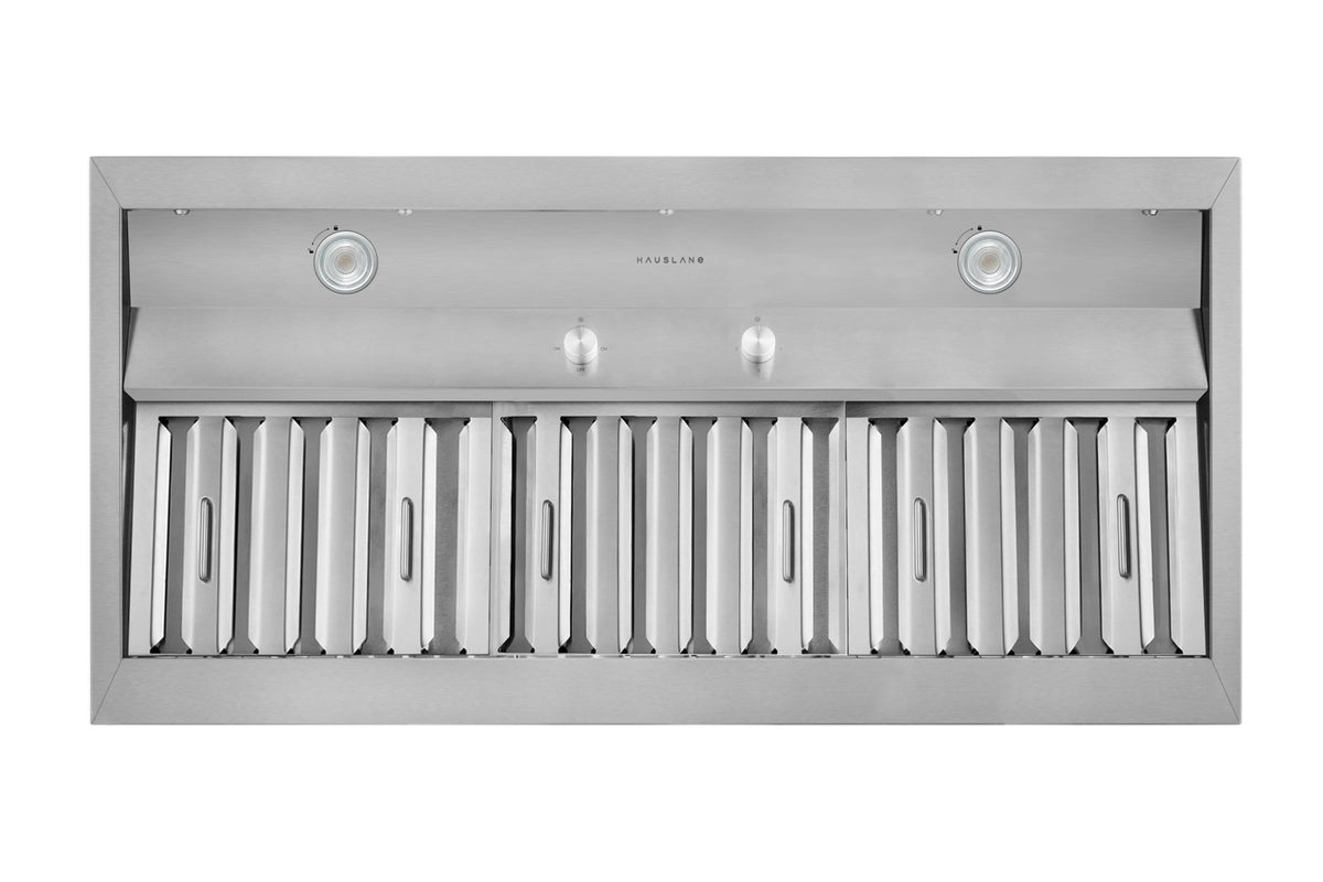 Stainless steel built-in insert range hood with vent slats and two front lights