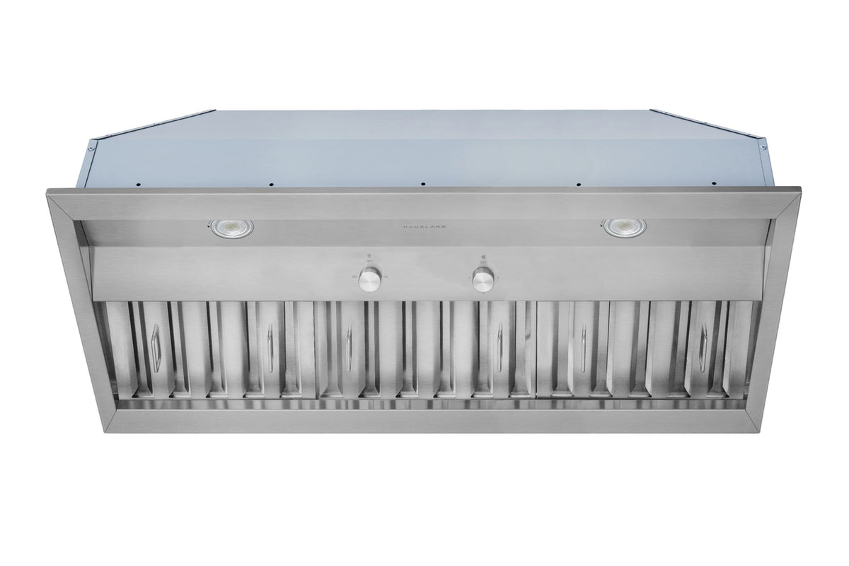 Stainless steel built-in range hood insert with vent louvers and two illuminated light ports.