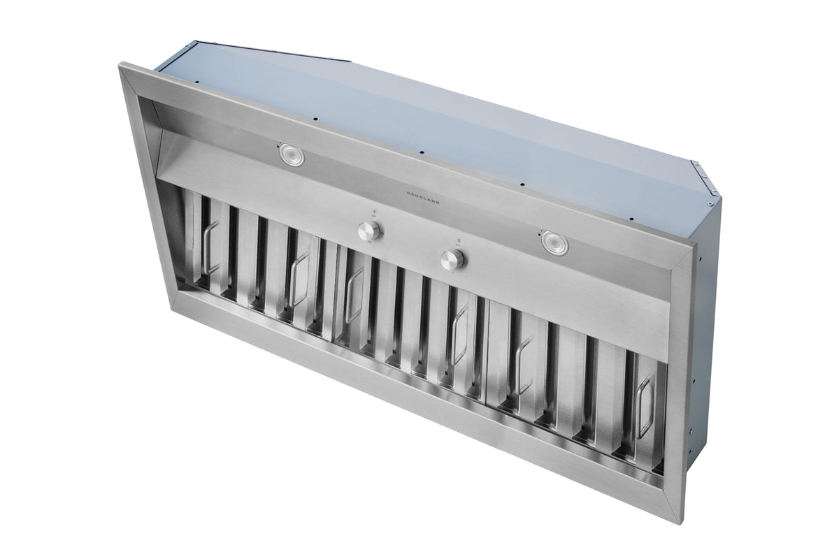 Stainless steel range hood insert in 3/4 view, showing vent louvers and control knobs.