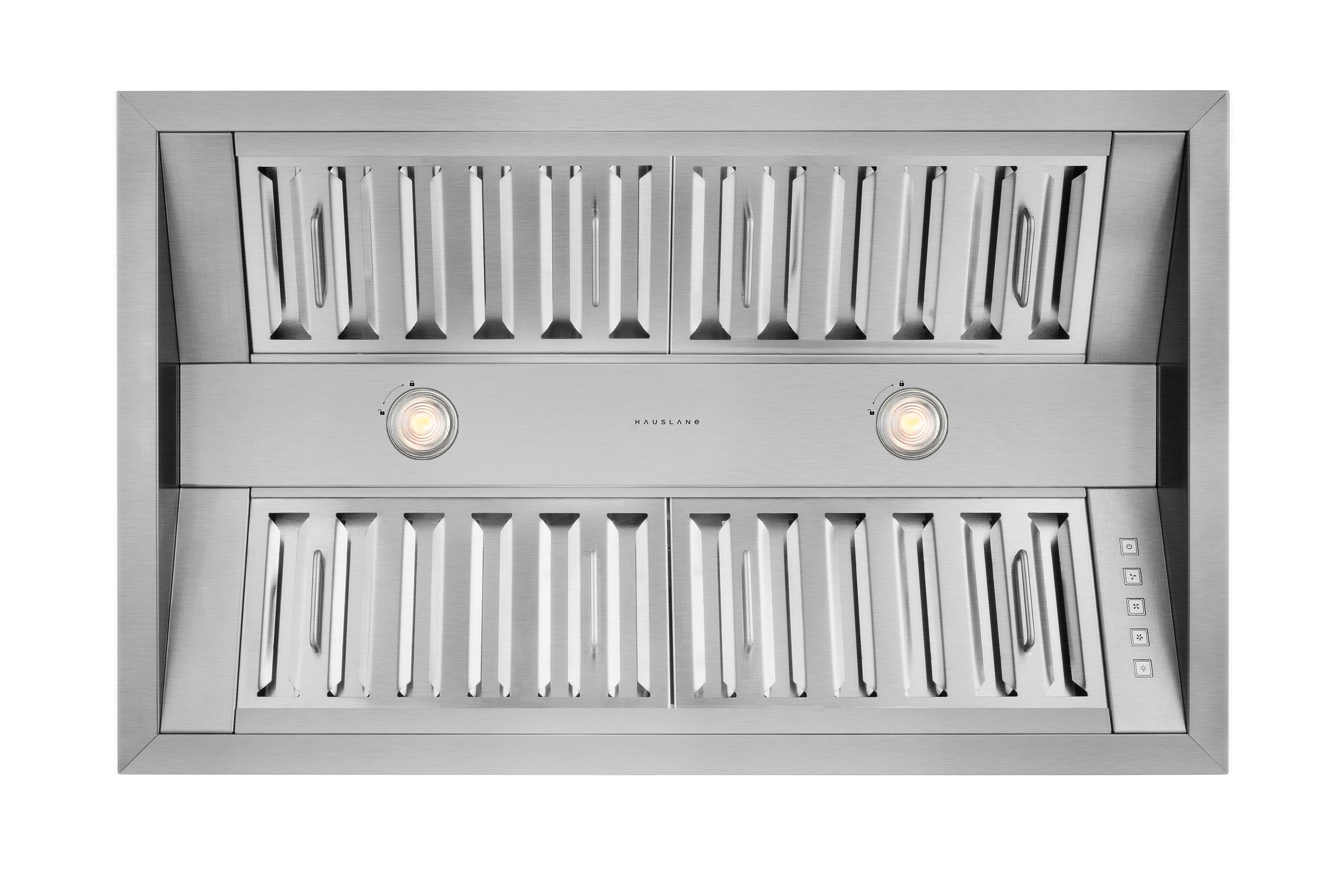 Stainless steel convertible range hood insert with slotted baffle panels and two front lights