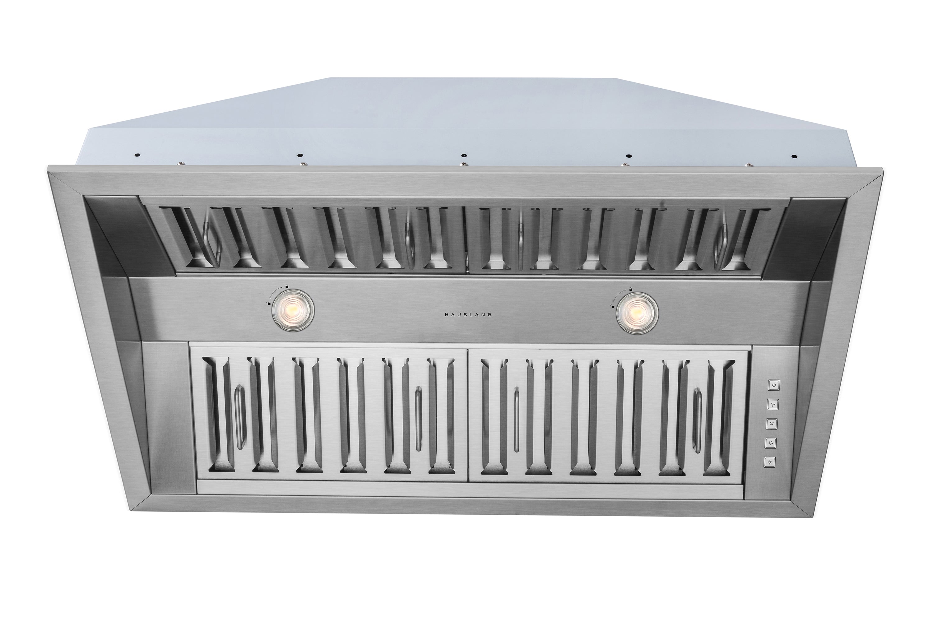 Stainless steel range hood insert with front grille, two round lights, and control icons on right