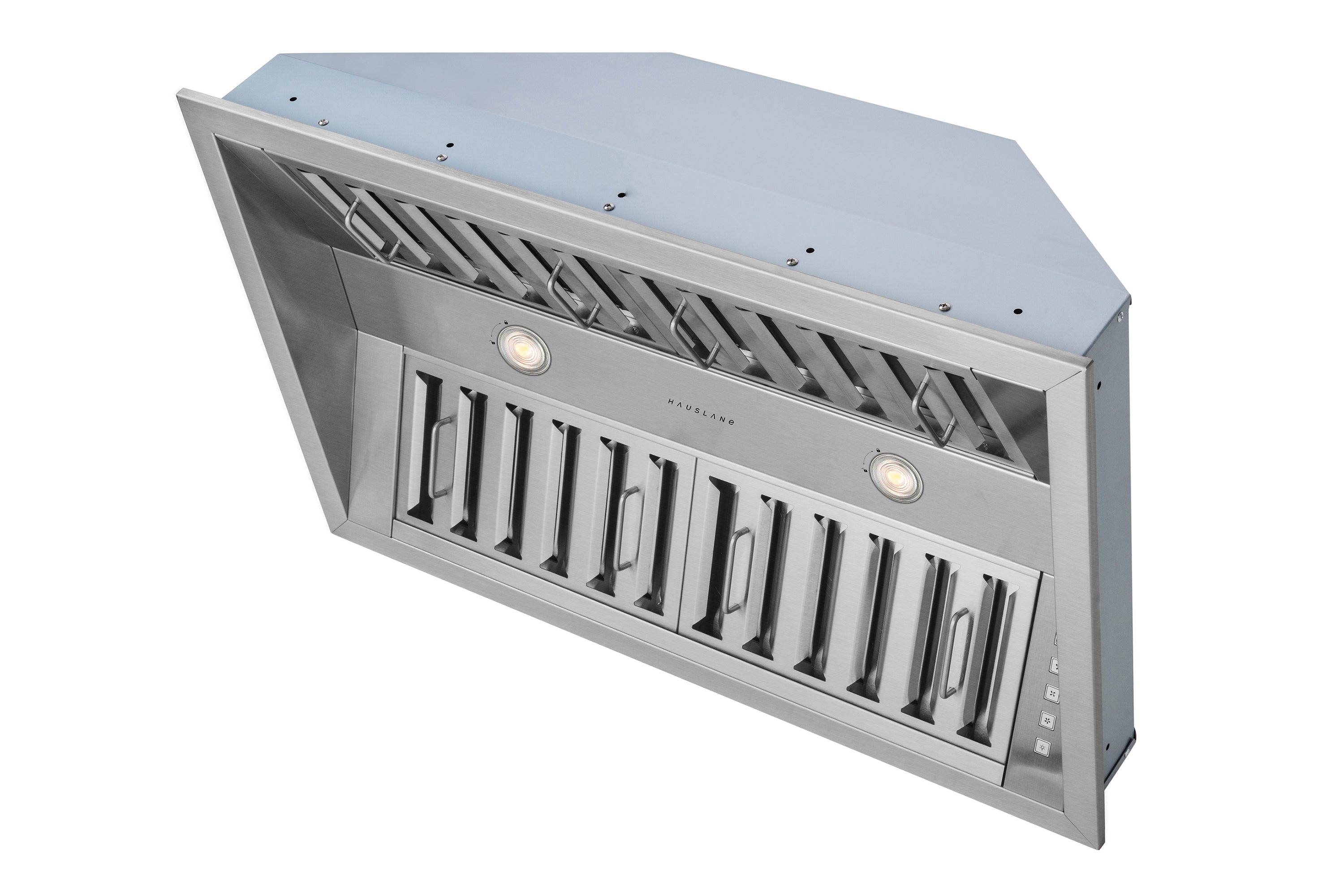 Stainless steel range hood insert angled view with baffle louvers and two round lights
