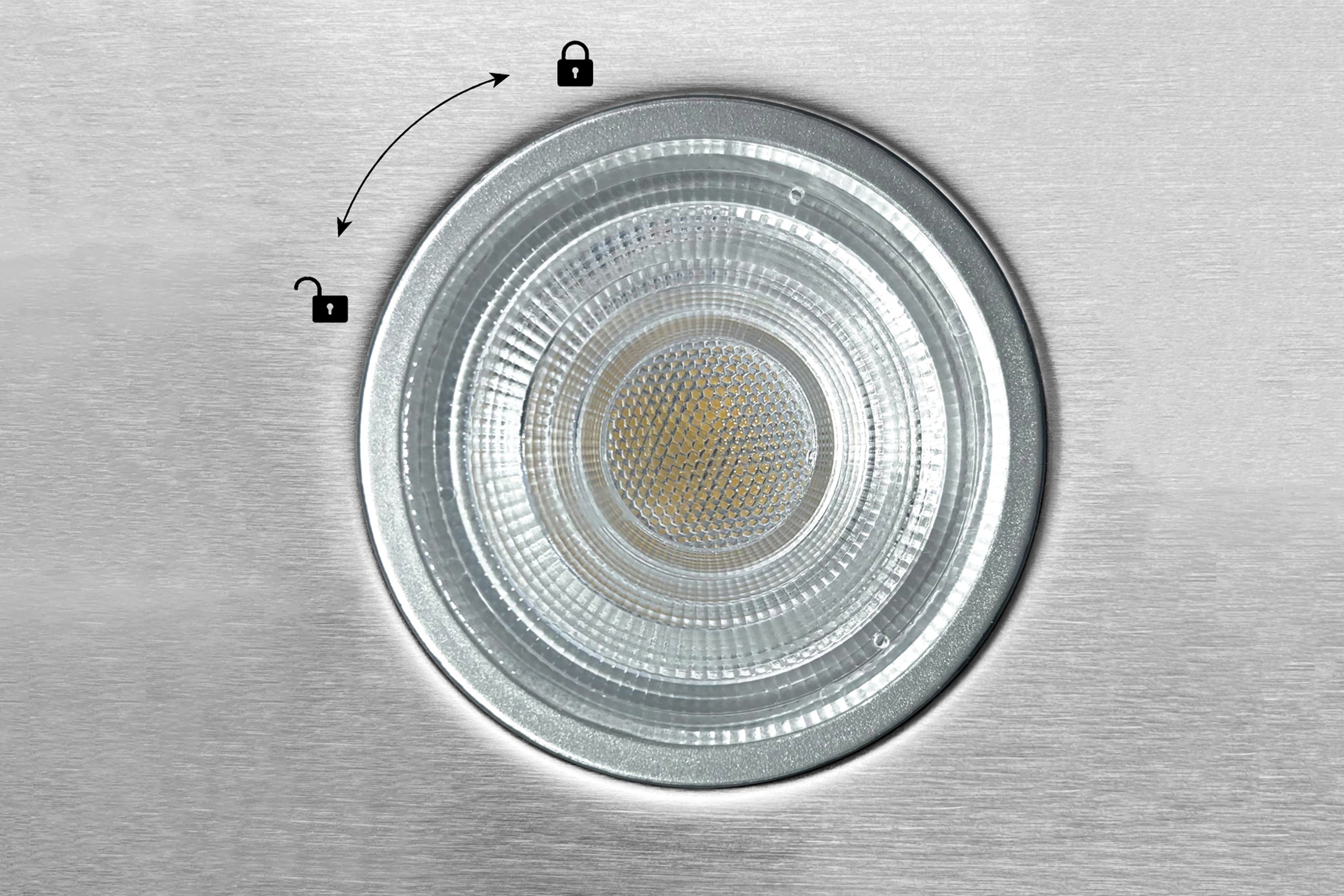 Circular LED light module on stainless steel hood interior