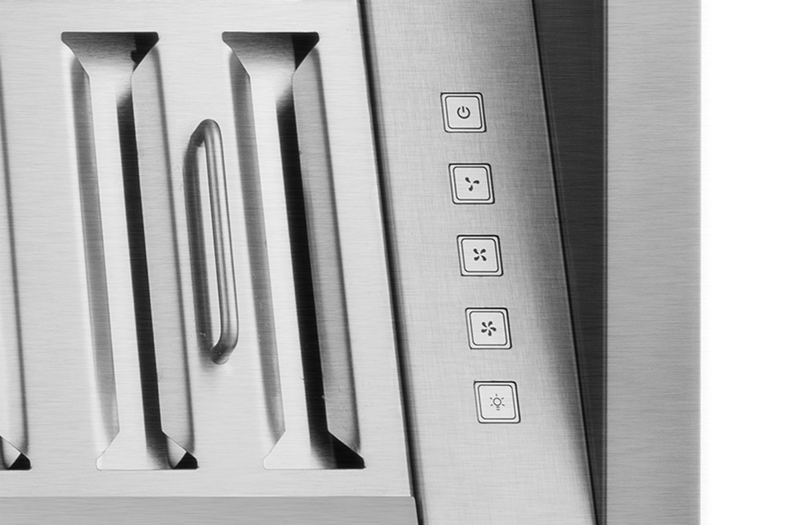 Stainless steel range hood control panel with icon buttons on a vertical touch strip