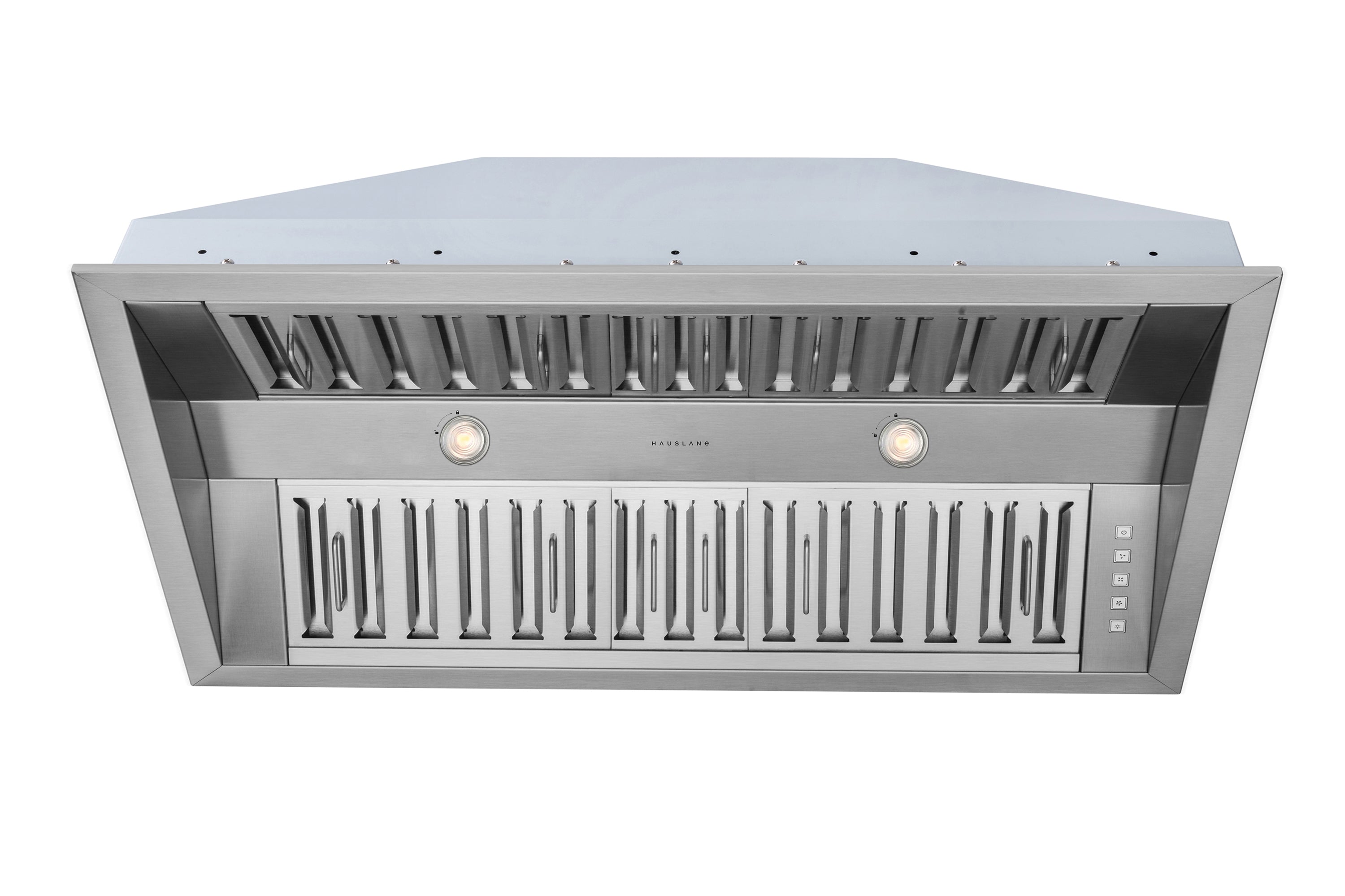 Stainless steel range hood insert view with perforated baffle louvers and two front lights