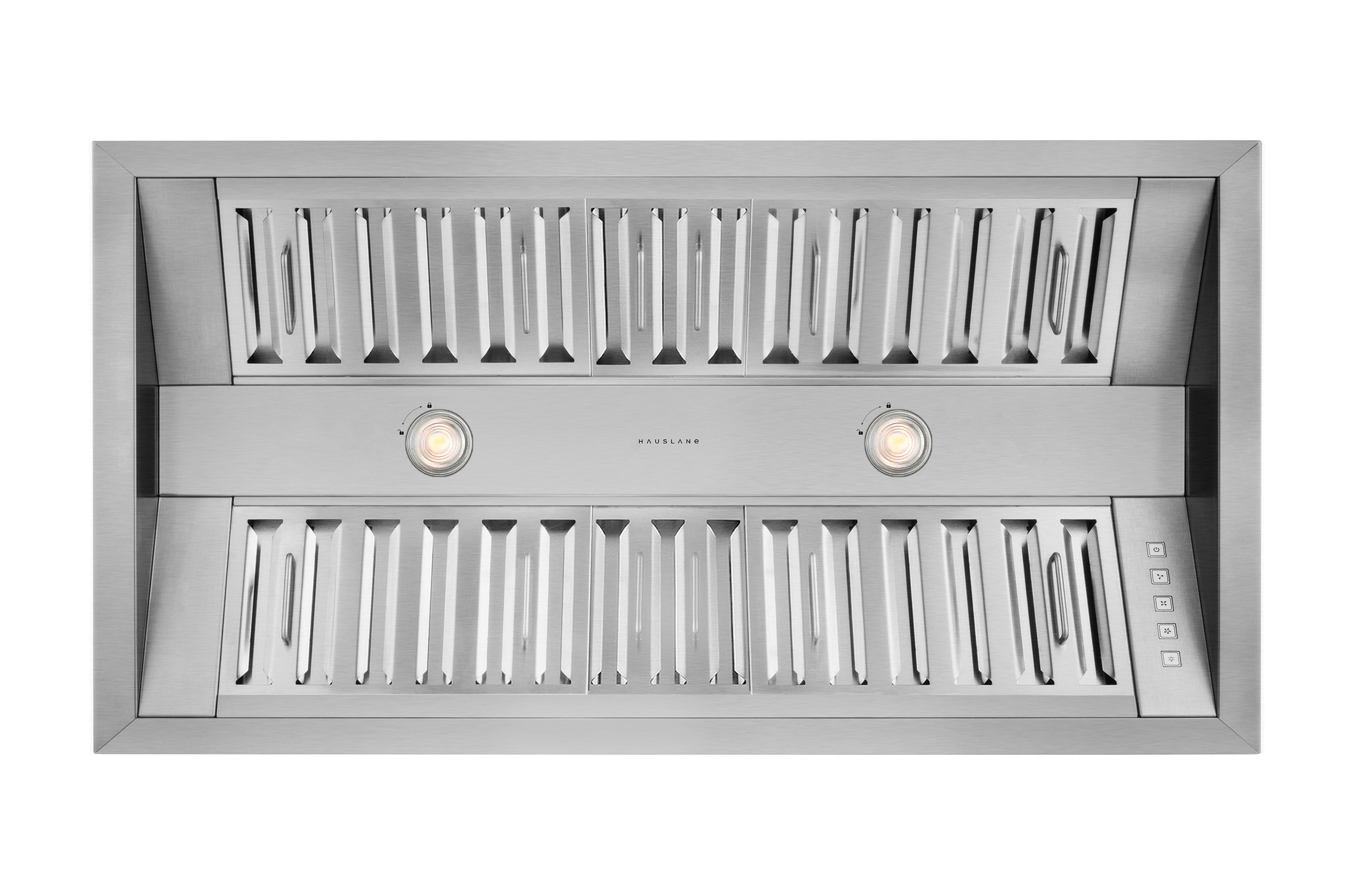 Stainless steel range hood insert with dual lights, slotted baffle panels, and right-side buttons