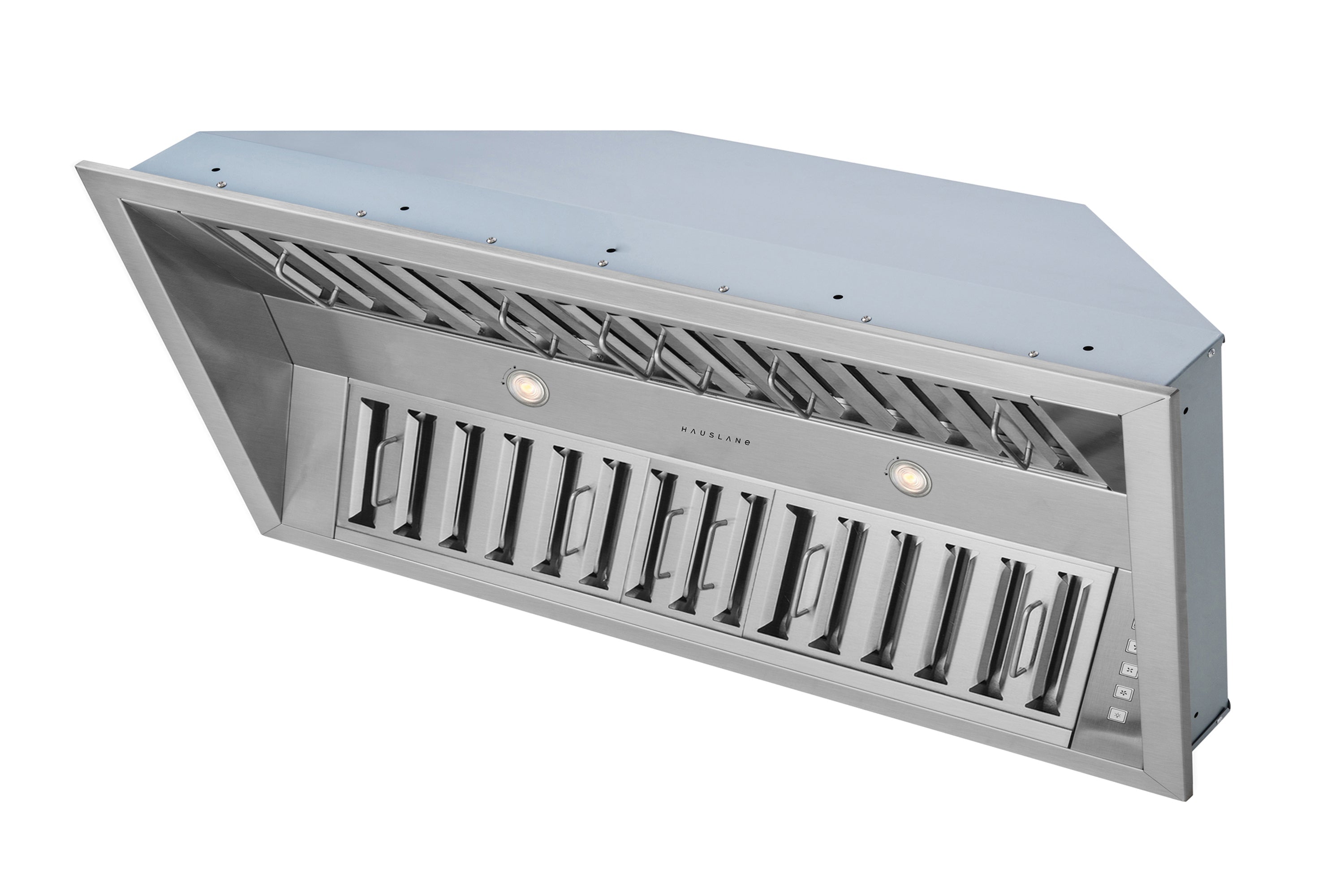 Stainless steel range hood insert angled view showing baffle louvers and two front lights