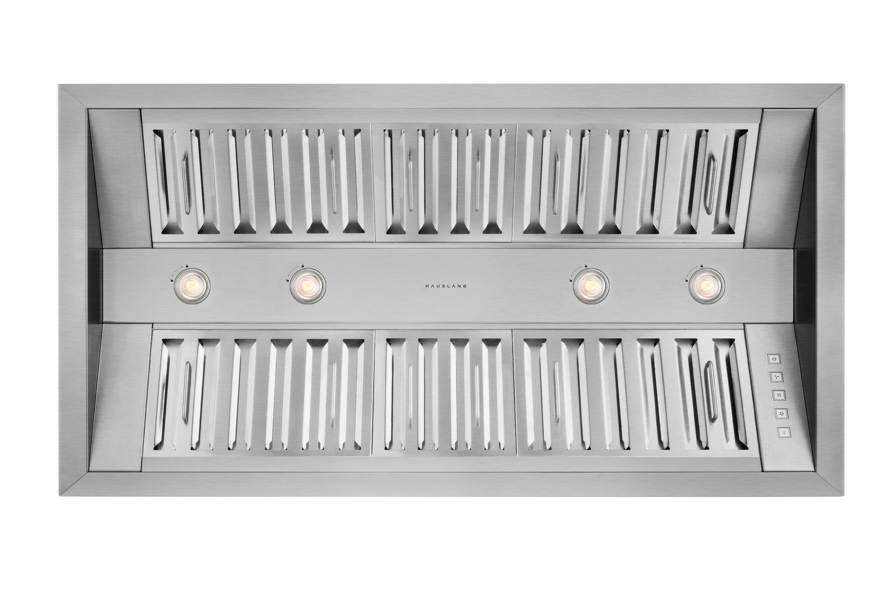 Stainless steel convertible built-in range hood insert with vented front panels and lights