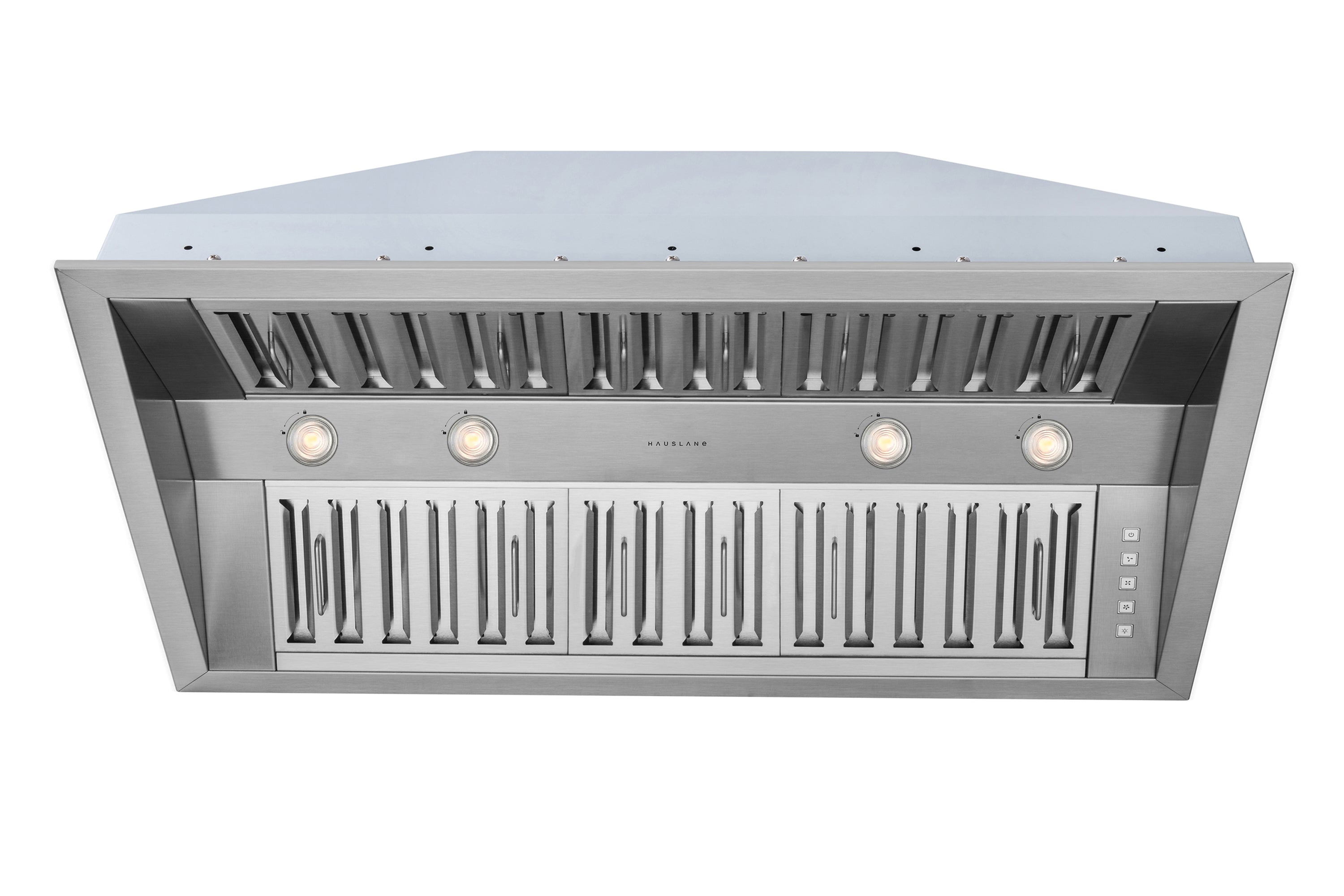 Stainless steel range hood insert with twin front lights and slotted baffle grille