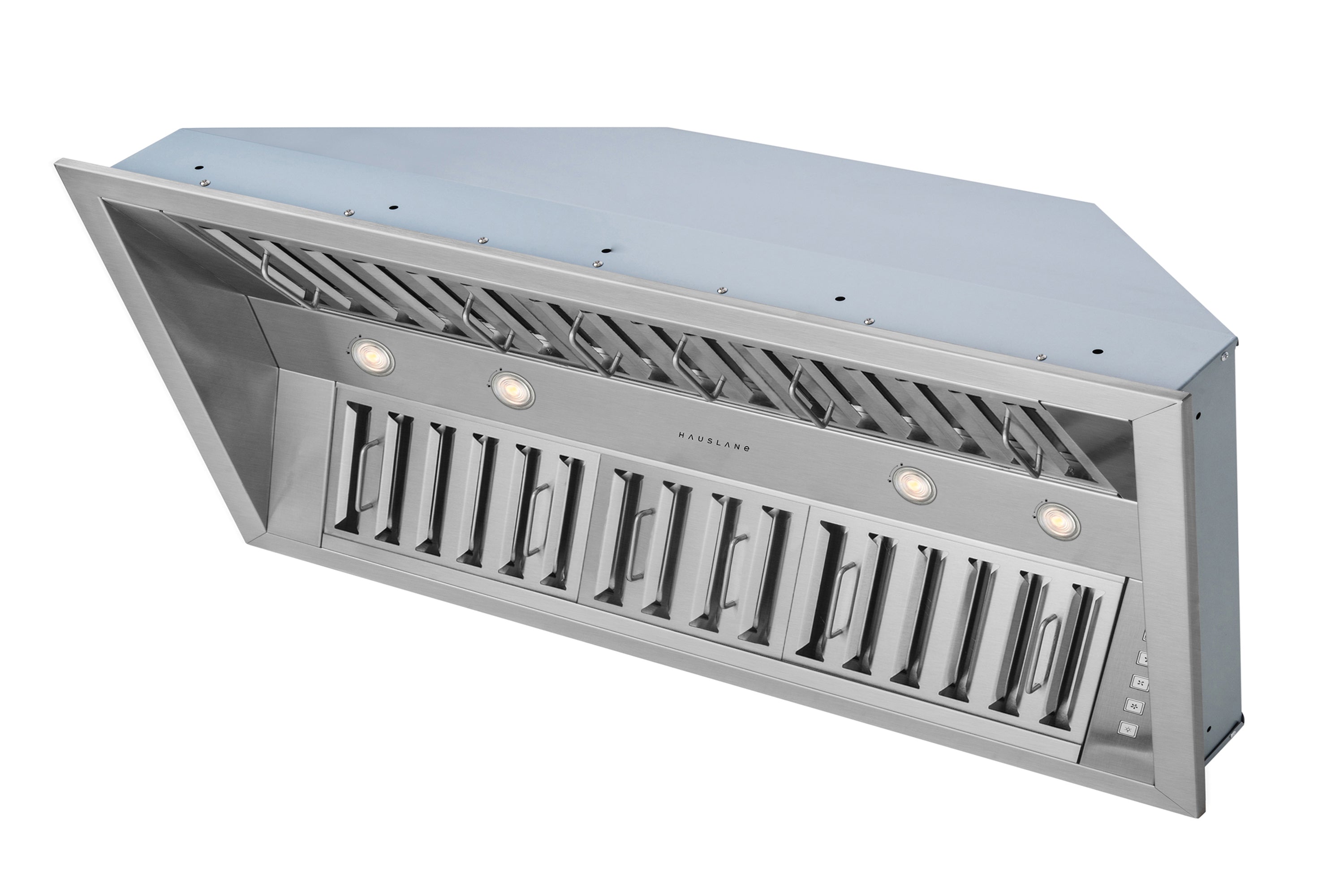 Stainless steel range hood insert angled view with front grille louvers and four small indicator lights
