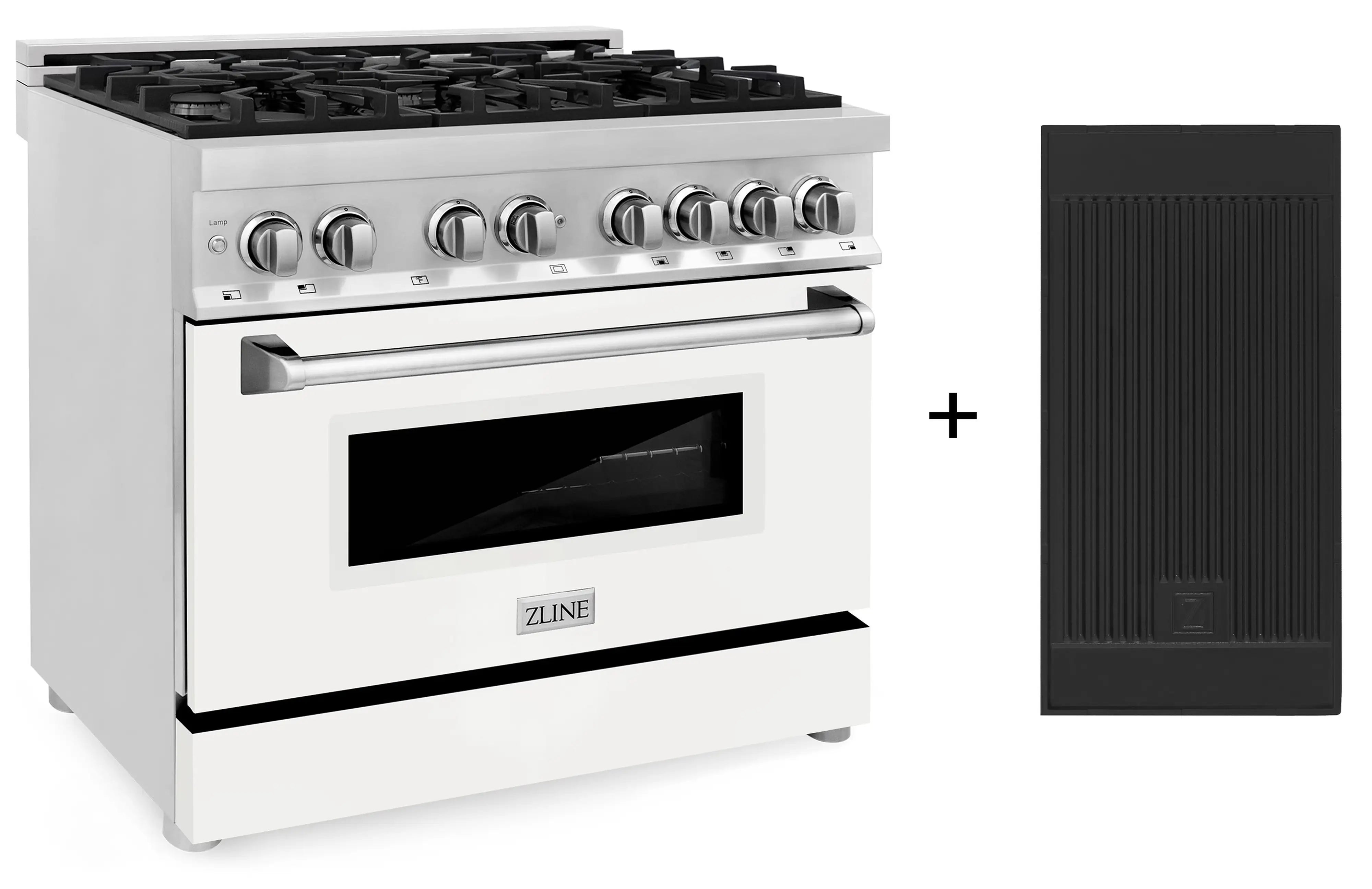 White matte dual fuel range with black griddle accessory shown beside it