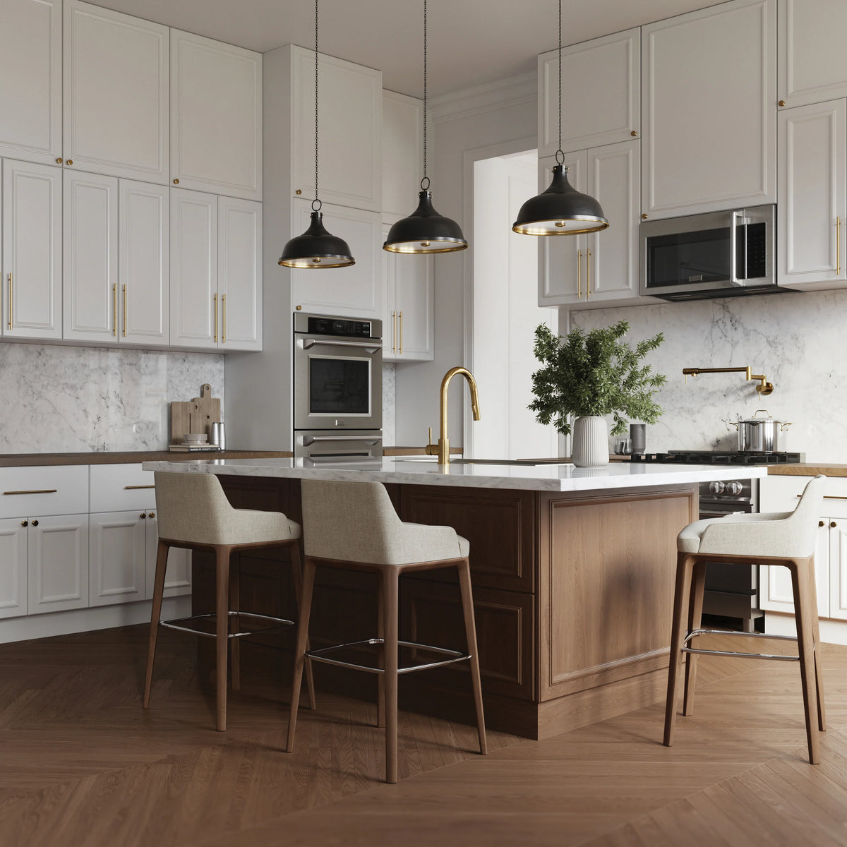 Built-in stainless double wall oven with black glass doors in a white kitchen