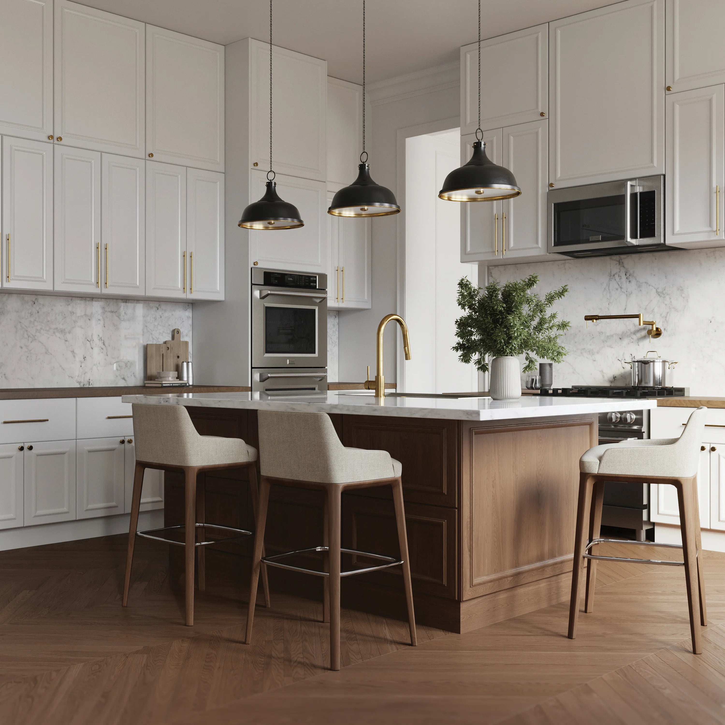 Kitchen with built-in stainless double wall oven and gas rangetop