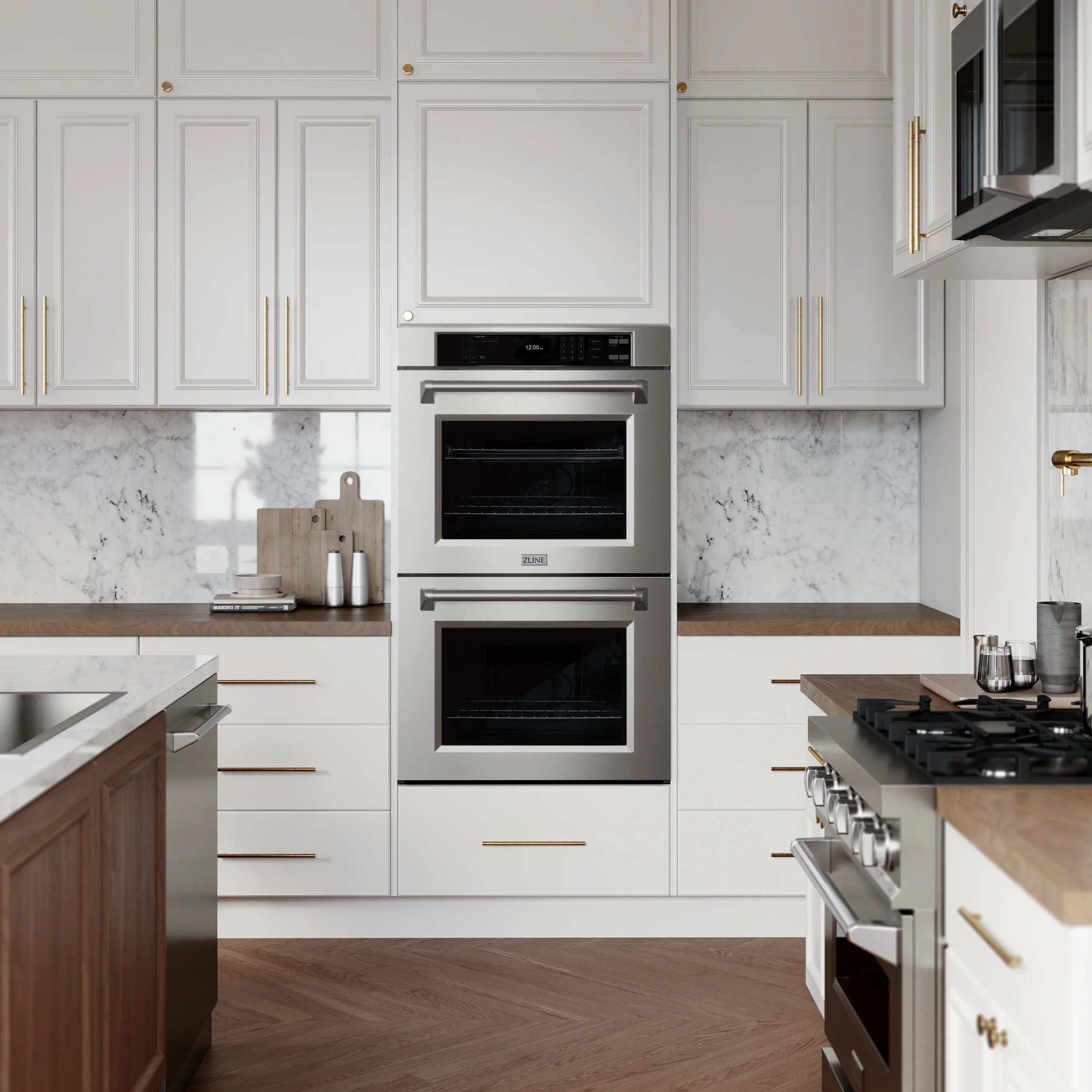 Built-in stainless double wall oven centered between kitchen cabinetry