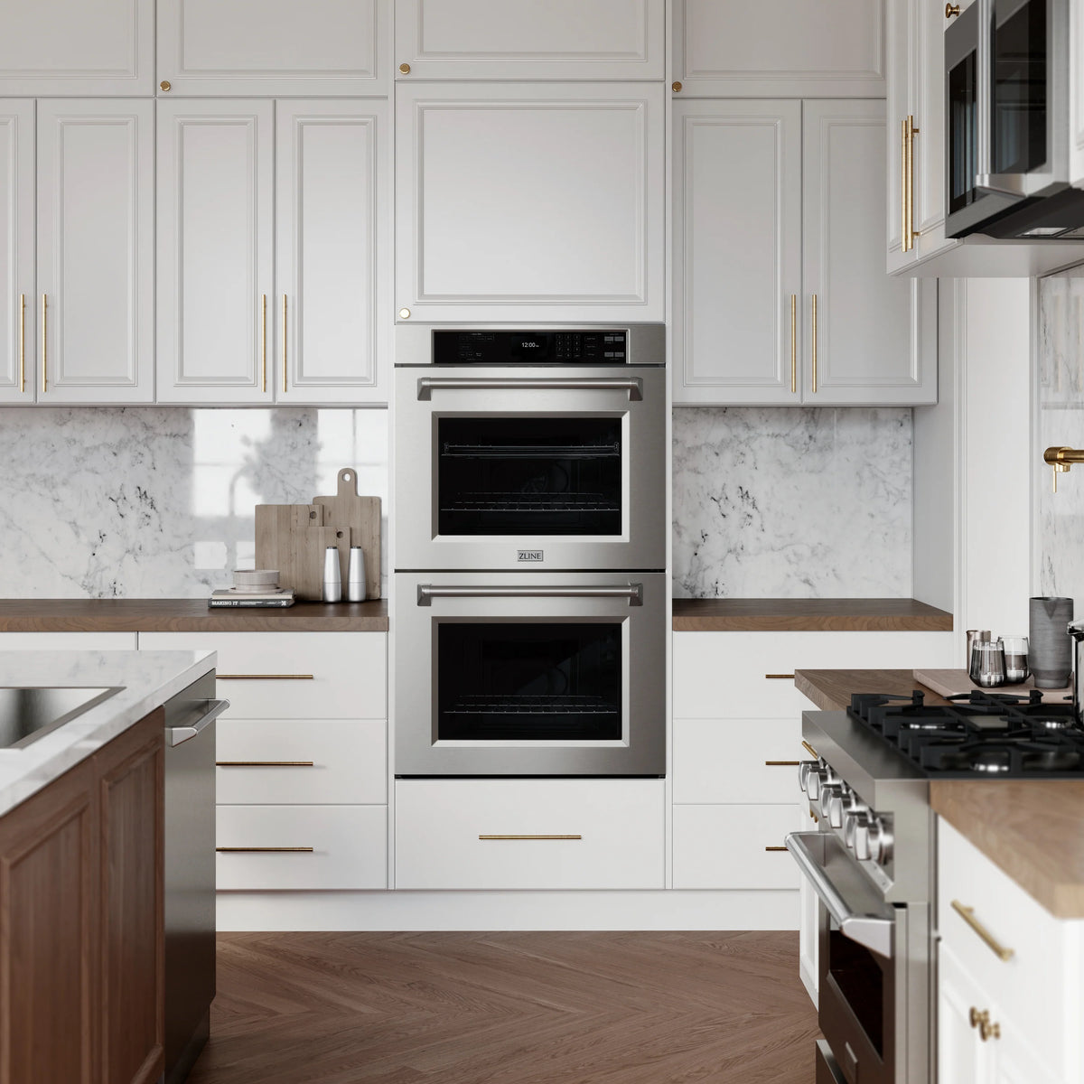 Double wall oven with stainless trim and two glass doors in white cabinetry