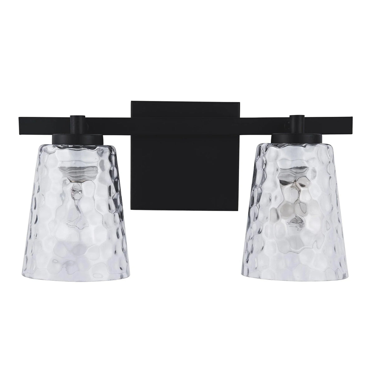 Modern 2-light vanity light with black center panel and textured clear glass shades