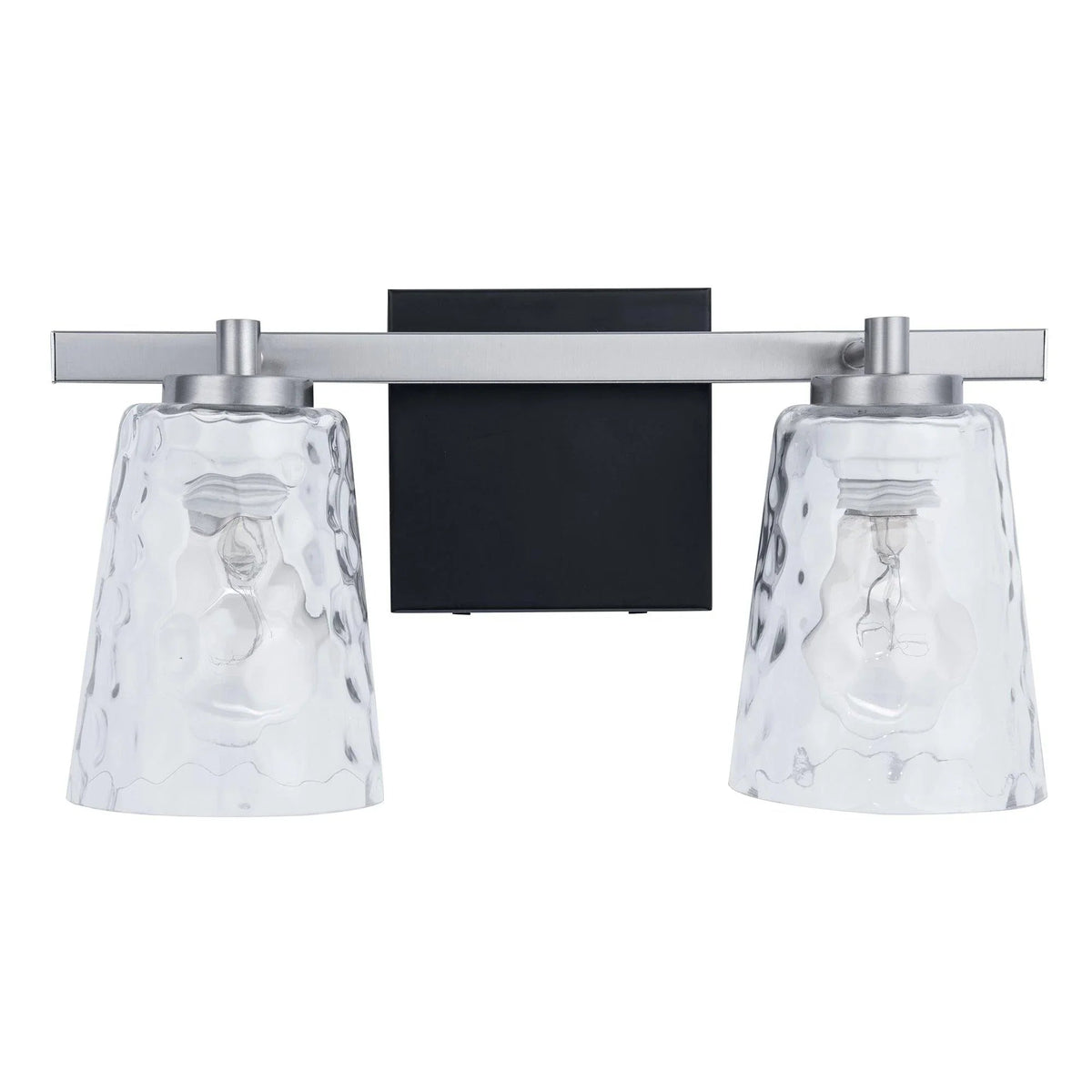 Modern 2-light vanity light with black center panel, metal arms, and textured glass shades