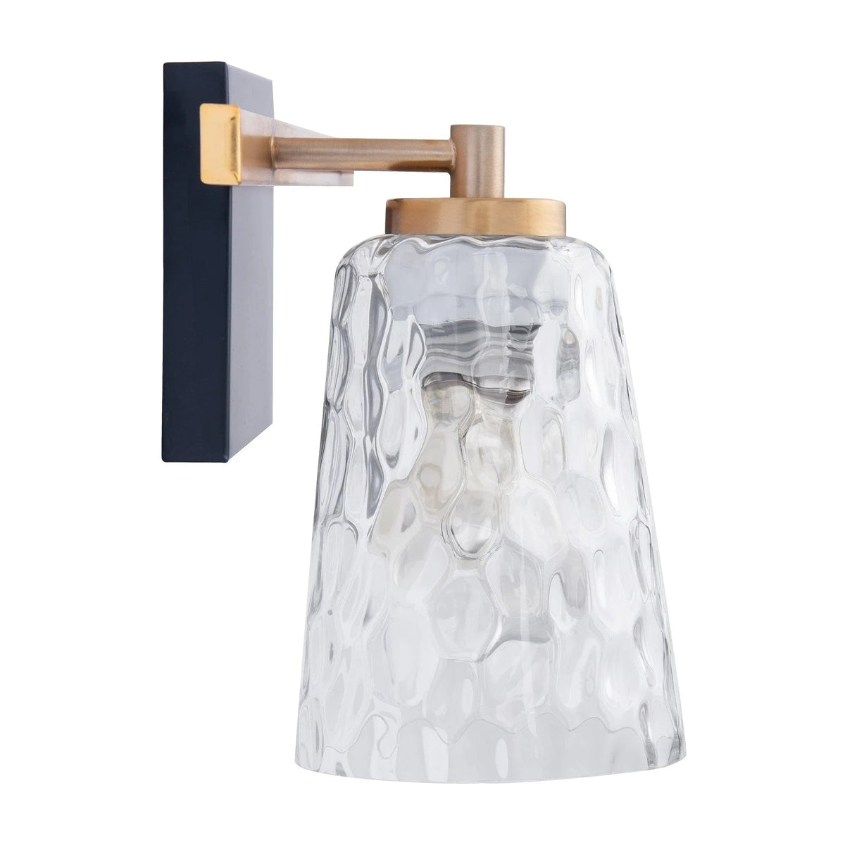 Modern 2-light dimmable vanity light with clear glass shade and gold-toned backplate