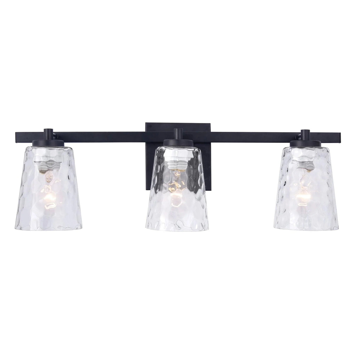 3-light vanity light with black backplate, gold trim, and clear glass shades.