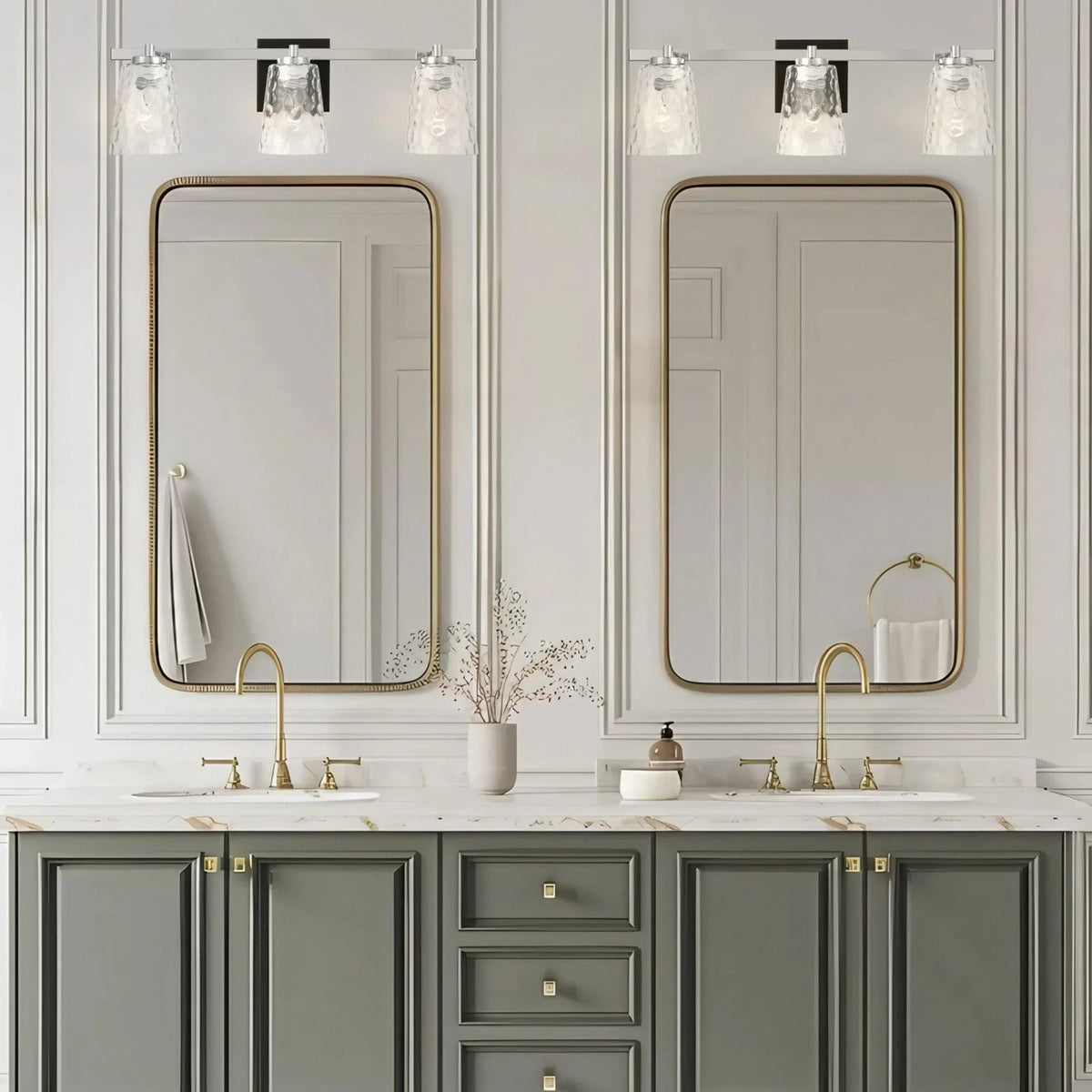 Black-finished 3-light dimmable vanity light with textured clear glass shades