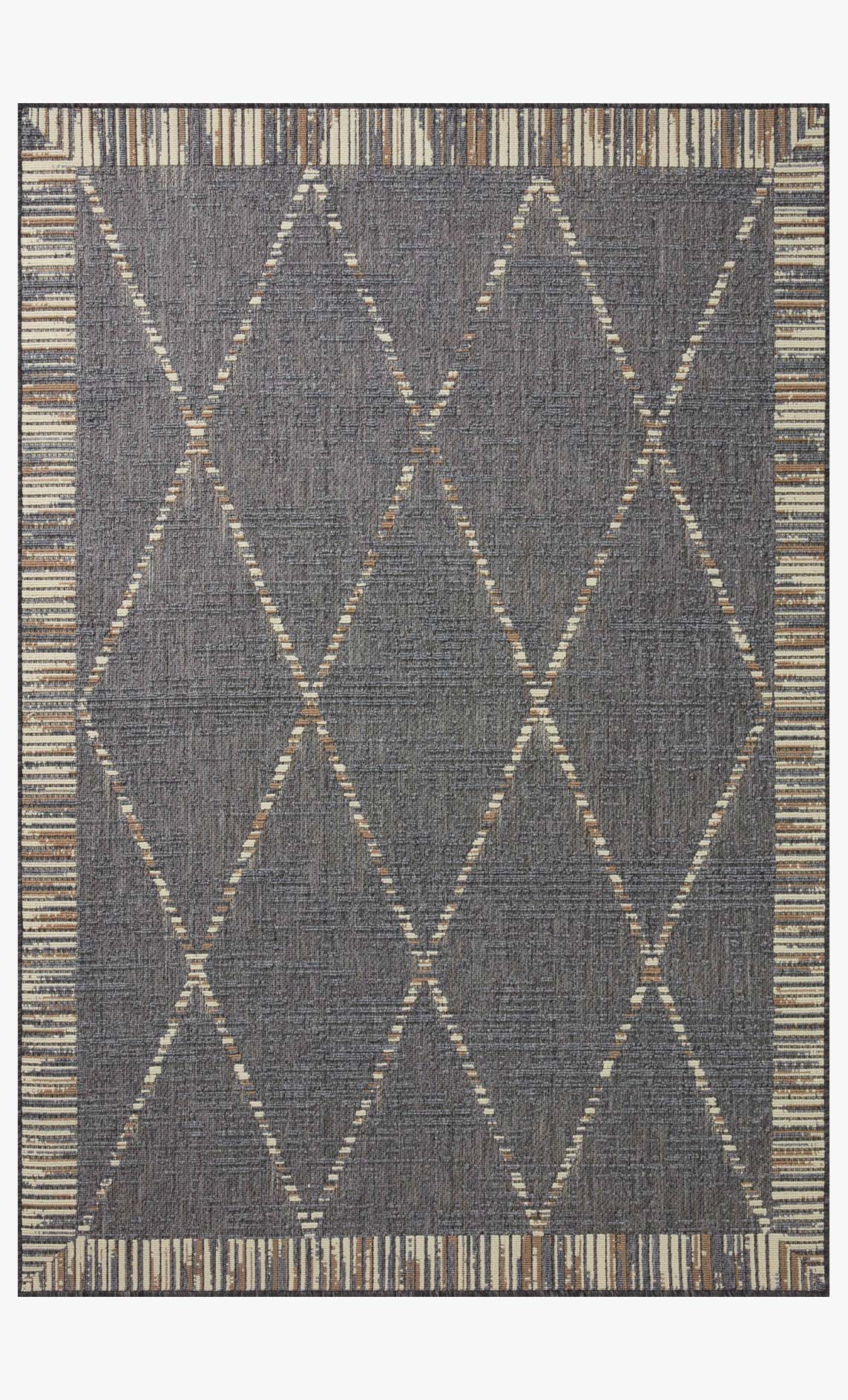 Slate gray rug with repeating V and X geometric pattern