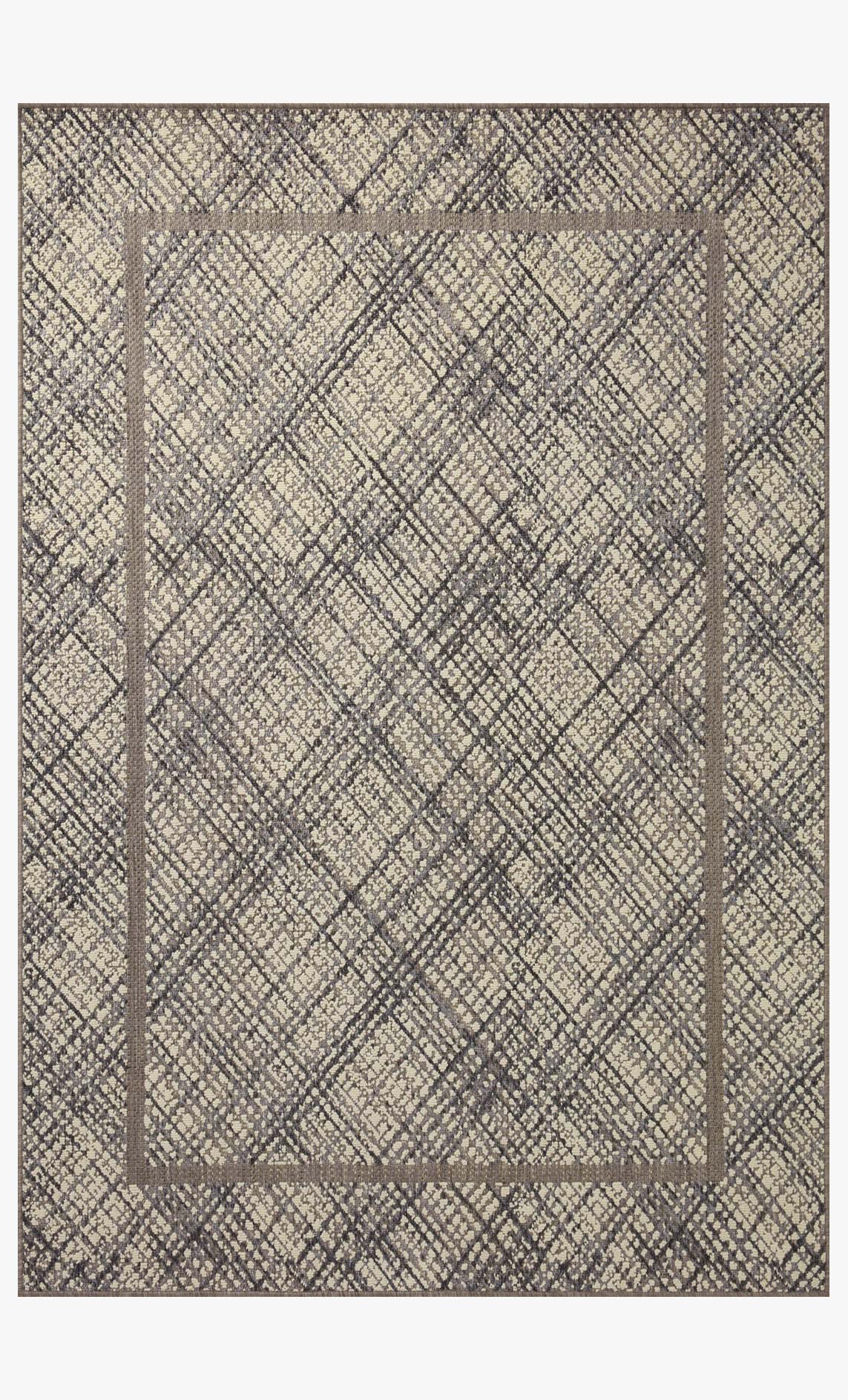 Square indoor/outdoor accent rug featuring ivory and charcoal geometric medallion frame pattern