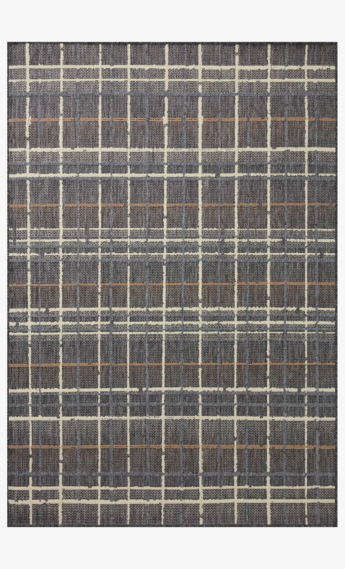Charcoal indoor/outdoor runner rug with cream and tan grid pattern, rectangular