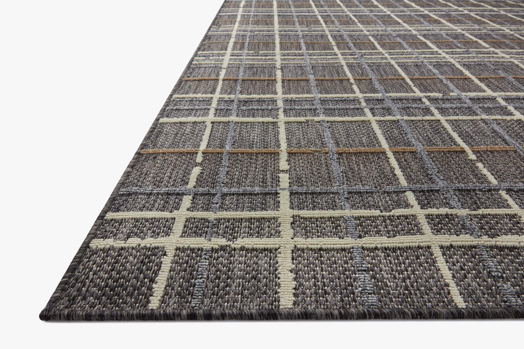 Charcoal indoor/outdoor area rug with beige grid lines, flat woven texture