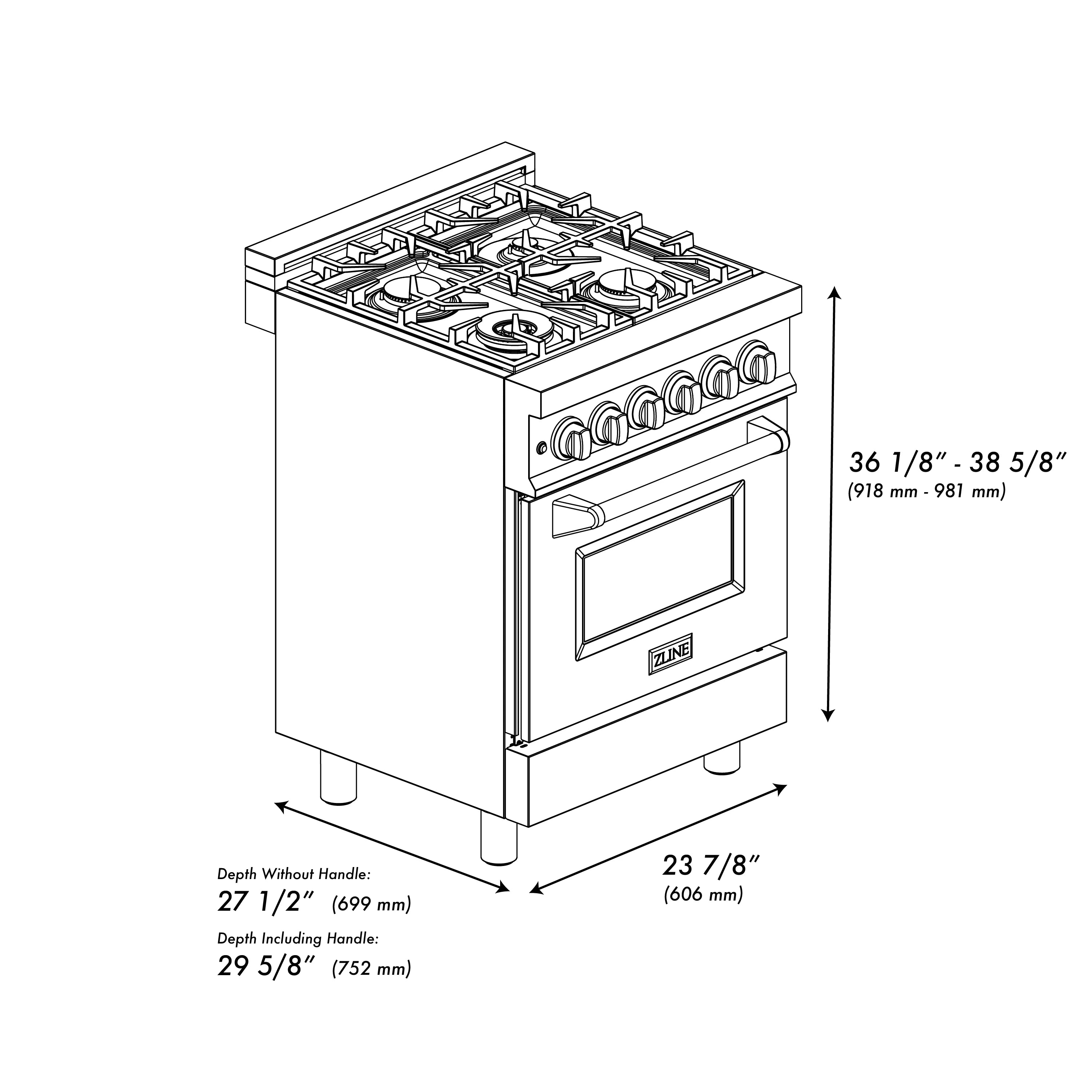 Line diagram of 24-inch dual fuel range with top burners and side dimensions