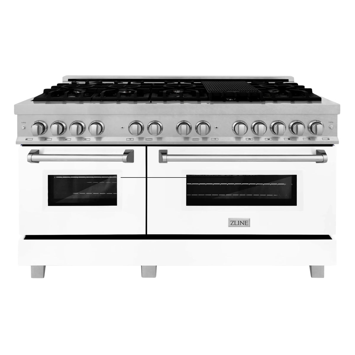 ZLINE 60-inch Legacy Series Dual Fuel Range with 9 Gas Burner Stove and 7.4 Cu. Ft. Electric Oven in Fingerprint Resistant Satin Stainless Steel and White Matte Doors (RAS-WM-60)