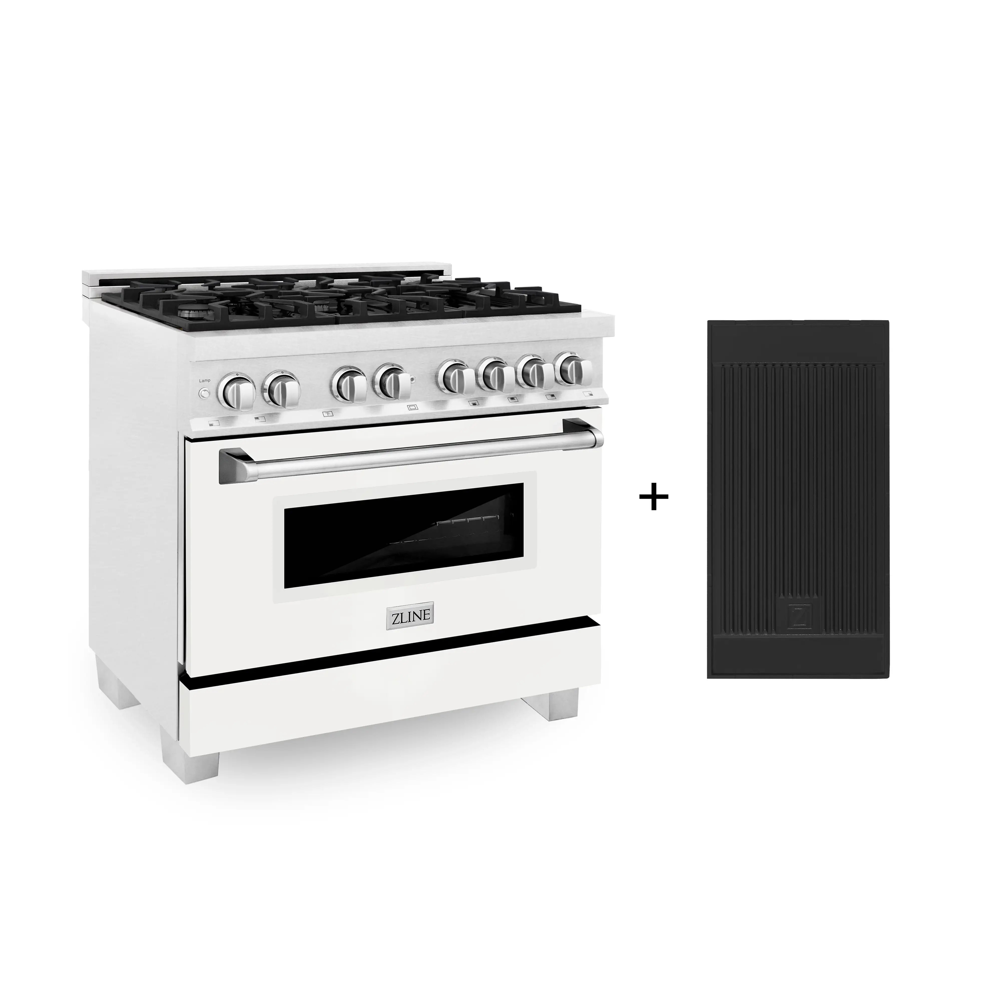 White gas range with satin stainless controls, oven window, and black burner grates